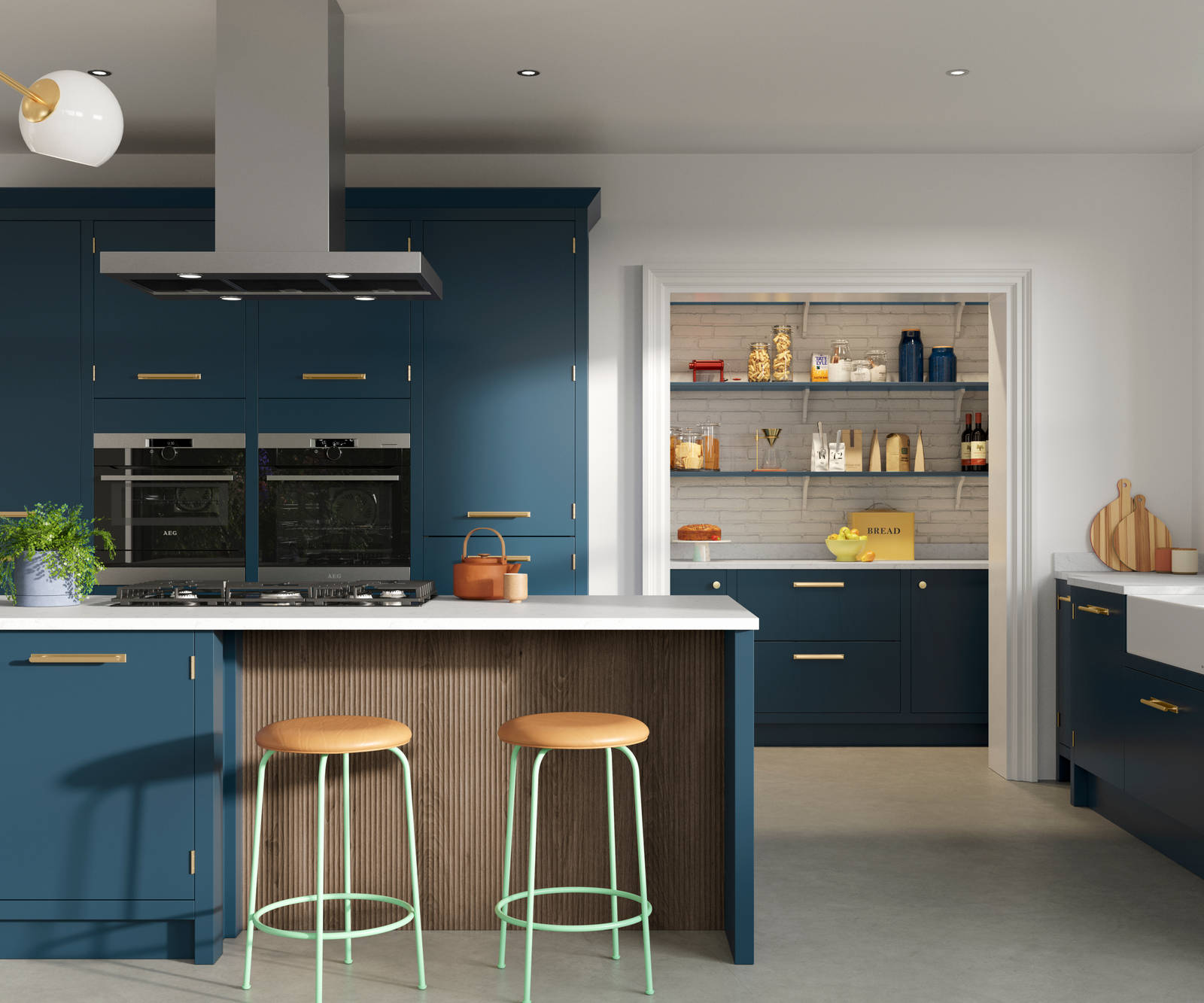 Full view of Soho Voyage Blue kitchen with kitchen island section for seating, with fluted wood panel.