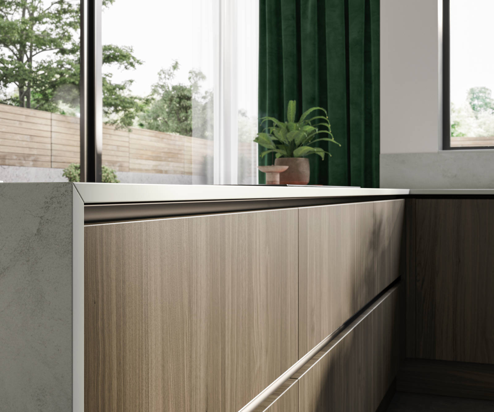 Integra Ascoli and Soho - a bright green and wood combination frameless slab door for a minimalist kitchen design.