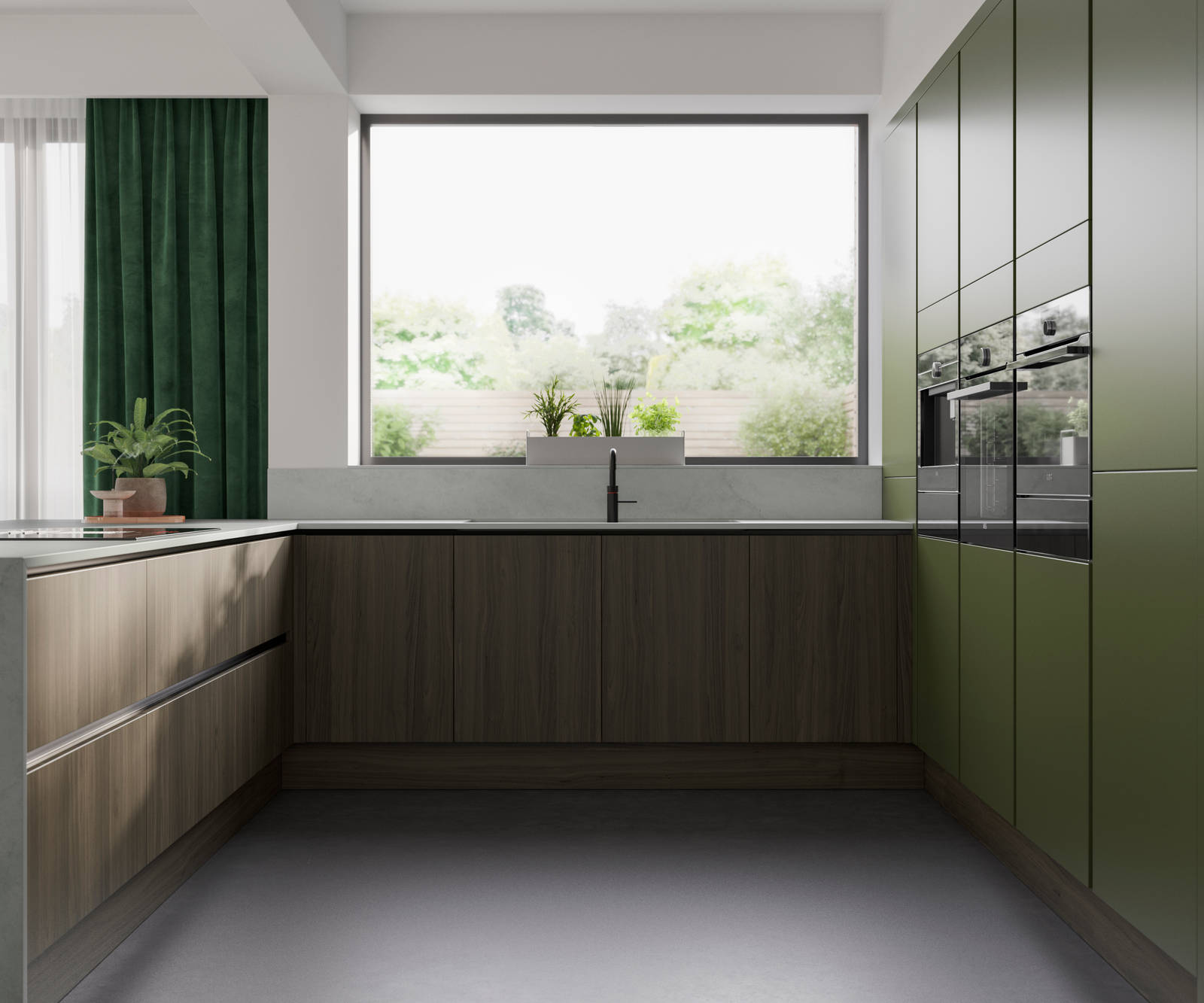 Integra Ascoli and Soho - a bright green and wood combination frameless slab door for a minimalist kitchen design.
