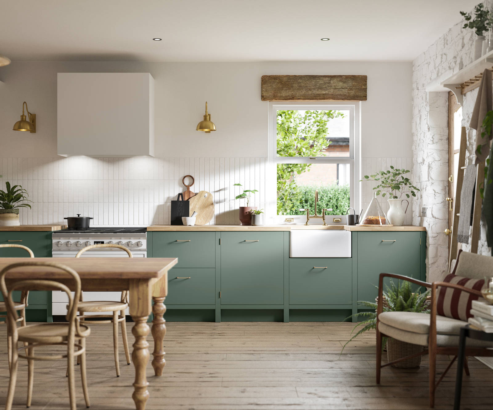 Soho Eucalyptus green open plan kitchen in contemporary cottage with a light wood dining table.
