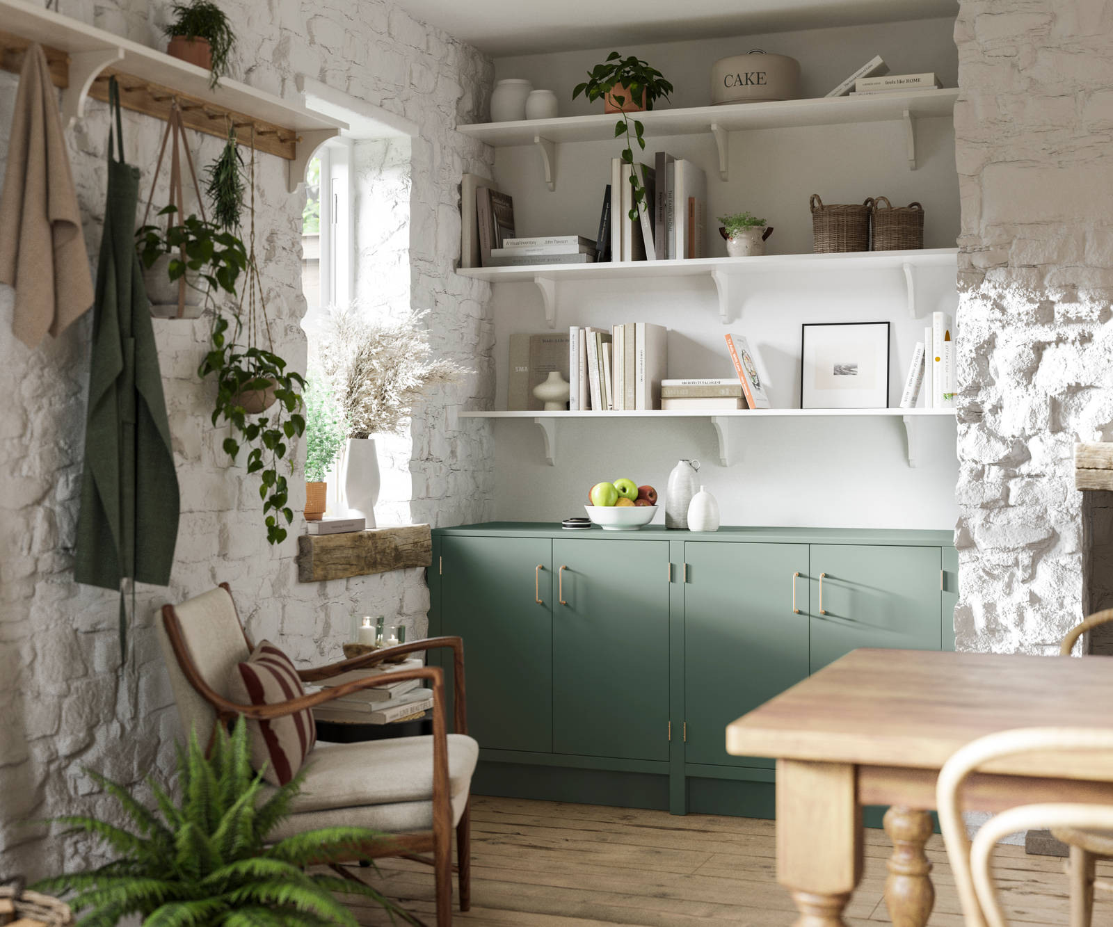 Living room in a charming contemporary cottage with Soho cabinetry in shade Eucalyptus green, a modern slab door with a painted rather than foil surface, for a truly premium look.
