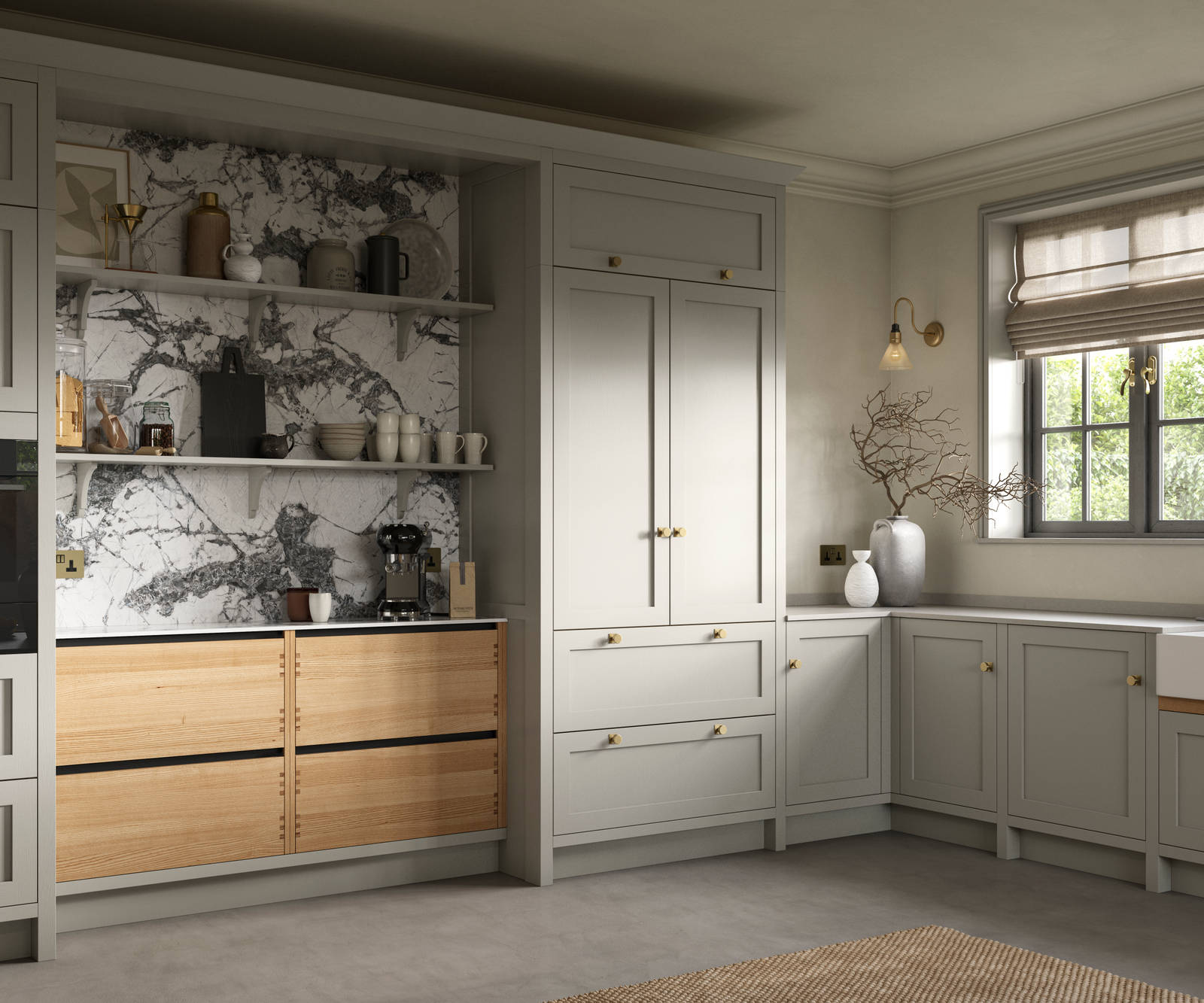 A neutral Shaker kitchen with Pebble and Nordic Craft cabinetry, with belfast sink.