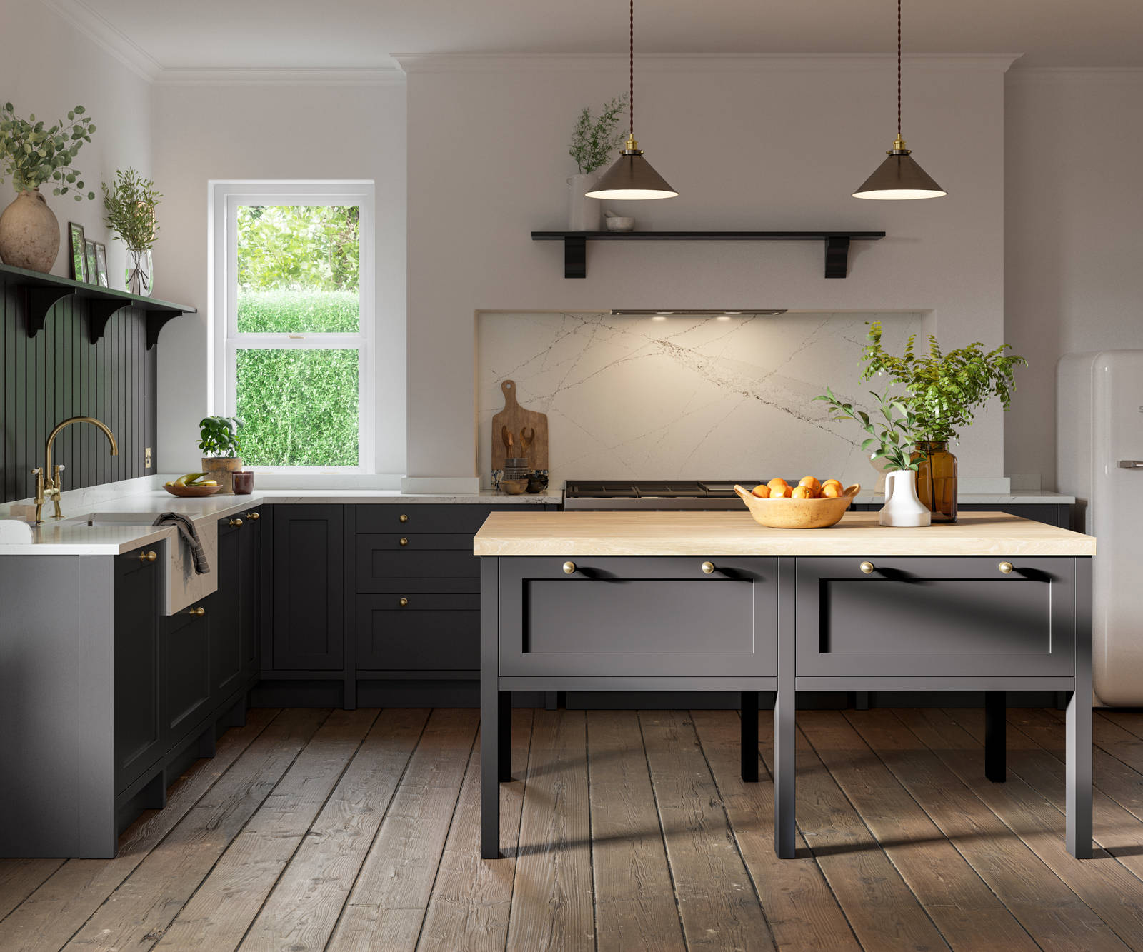 A dark grey Shaker kitchen with Charcoals cabinetry, with a kitchen island covered with a wooden worktop.