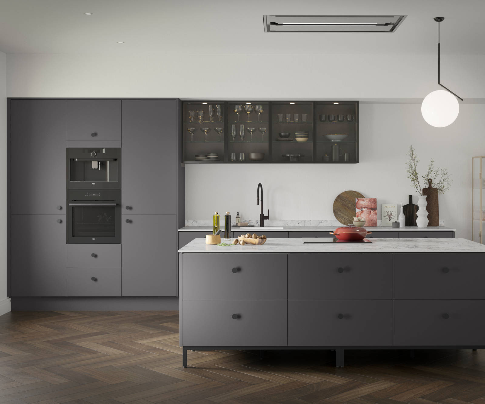 Soho Charcoals kitchen, a premium painted slab door from Magnet, with fluted glass Nordic Nature wall cabinets.