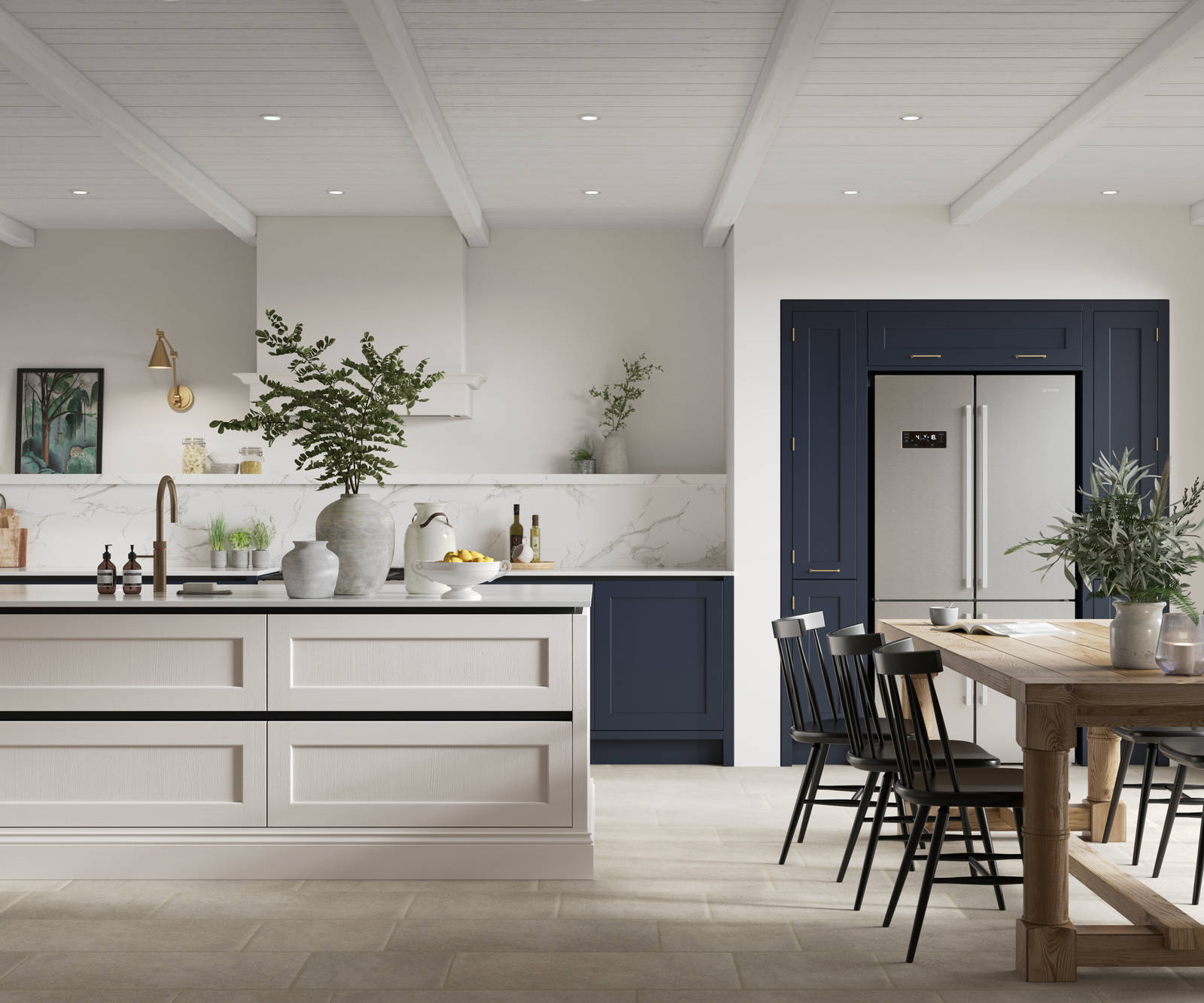 Integra Ludlow in shades Dove Grey and Midnight, a contemporary take on a Shaker kitchen, where the premium frontal features panelled doors with integrated handles.