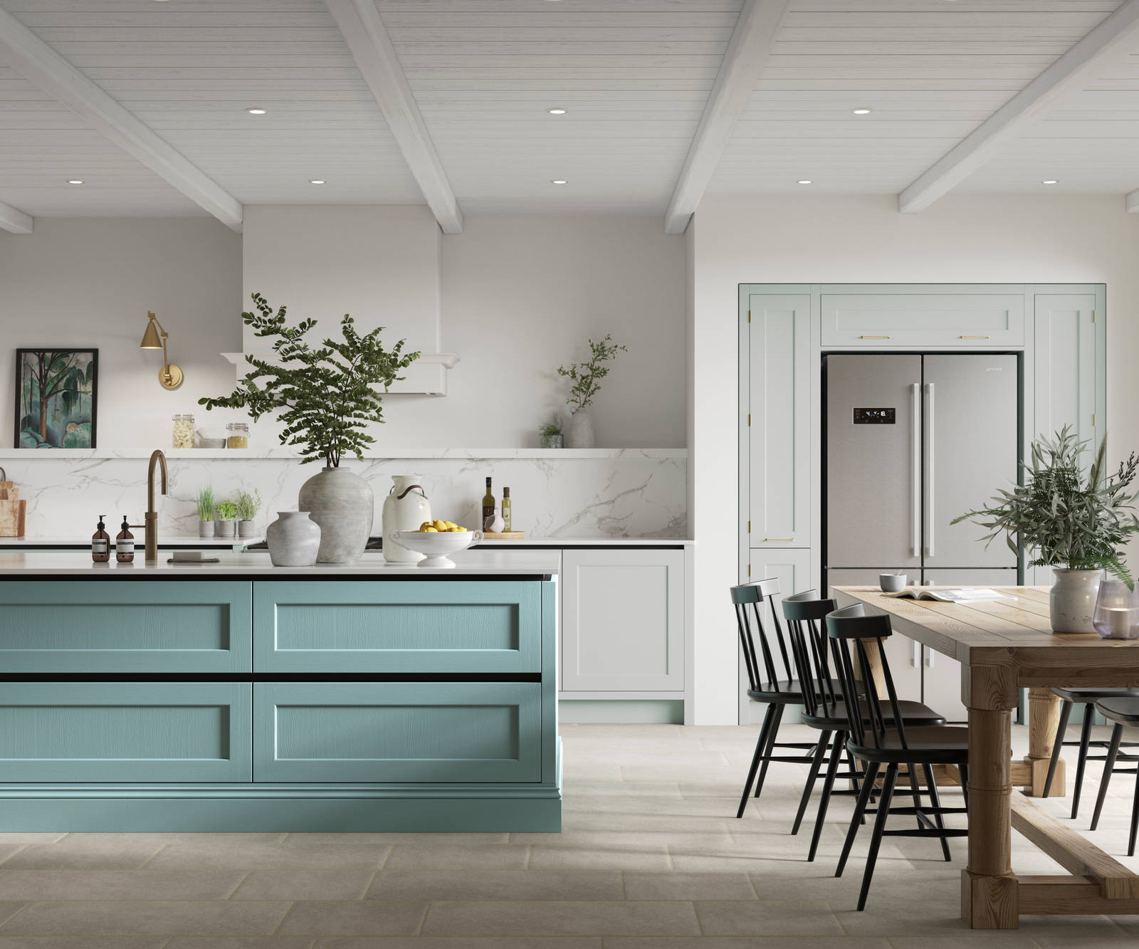 Integra Ludlow in shades Washed cotton and Morris Blue, a contemporary take on a Shaker kitchen, where the premium frontal features panelled doors with integrated handles.