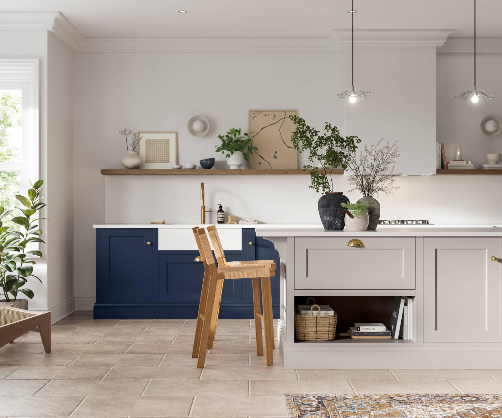 Traditional Shaker-style kitchen range in dark shade Midnight blue with a lighter Dove grey shade kitchen island.