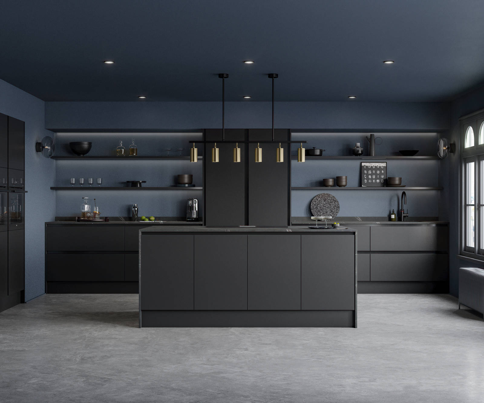 Open plan Integra Hoxton Sumi Black kitchen with kitchen island, with black accent details and black worktop, tap and whitegoods.