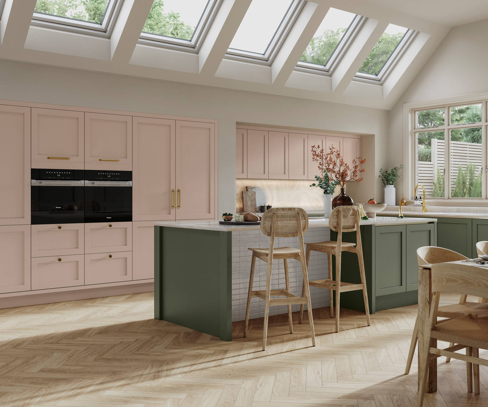 Integra Wardley in shades Rose Bowl and Misty Moors in an elegant, contemporary Shaker kitchen.