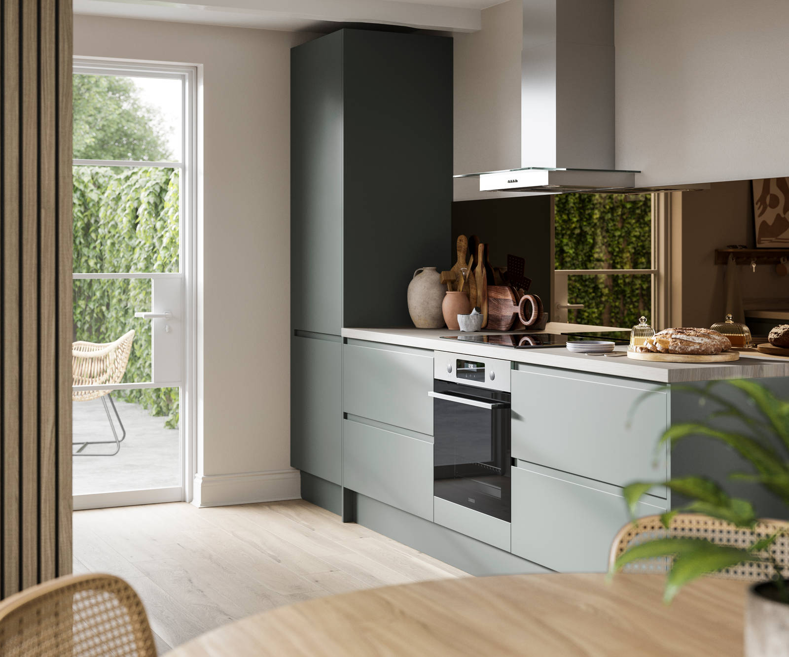 Minimalist kitchen Luna, in a green shade, with its integrated handle that gives any kitchen a beautiful, sleek finish.