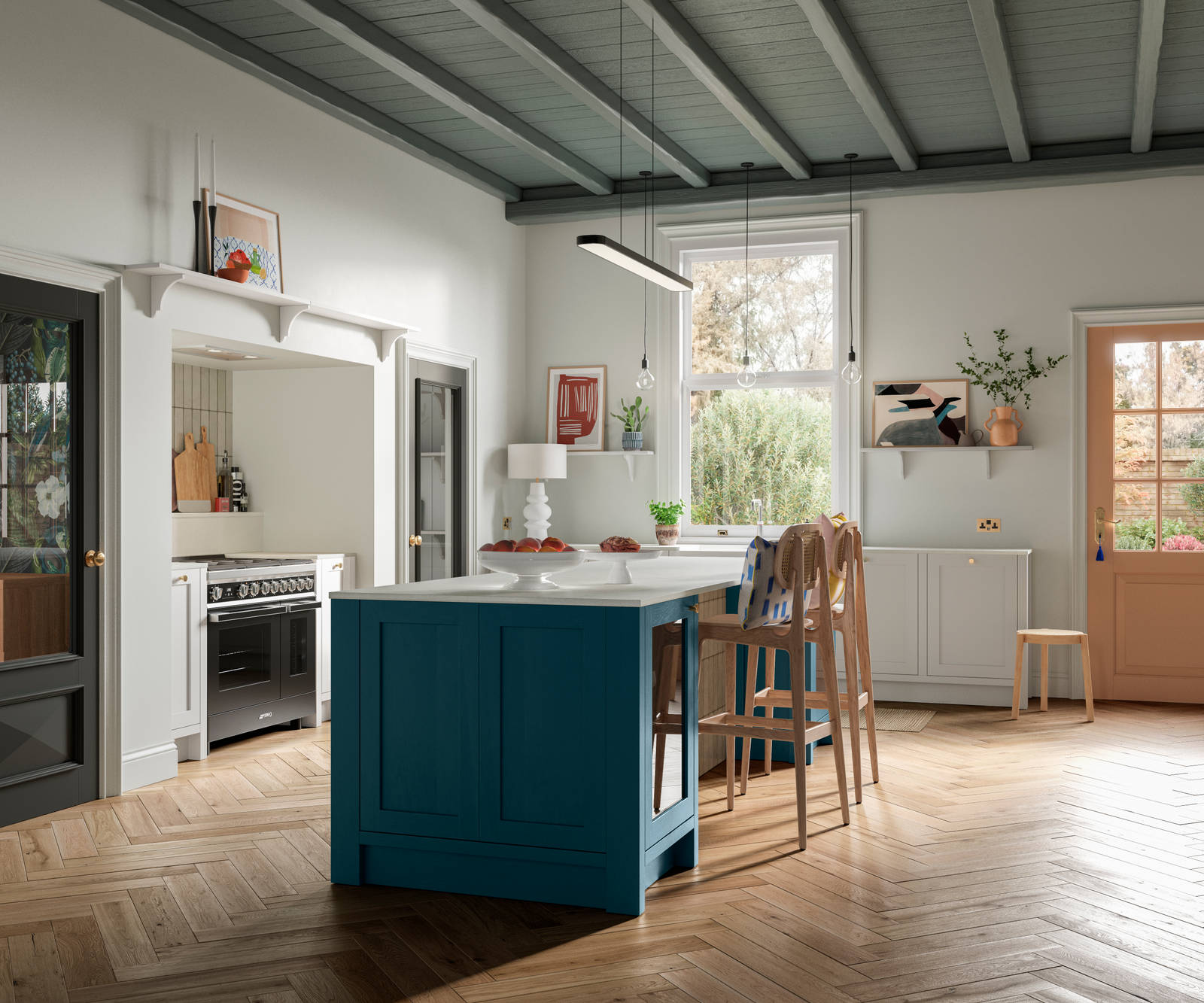 Traditional shaker kitchen Wardley with modern shades and decorations. A blue kitchen island.