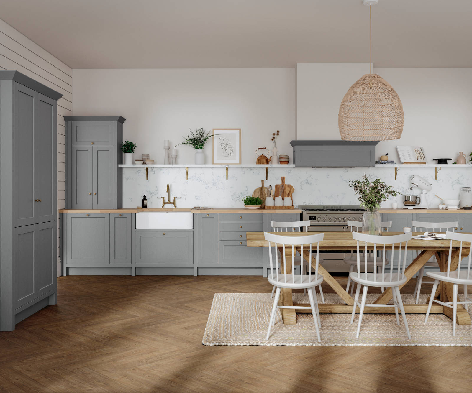 A contemporary home with a grey kitchen featuring white cabinets and wooden floors.