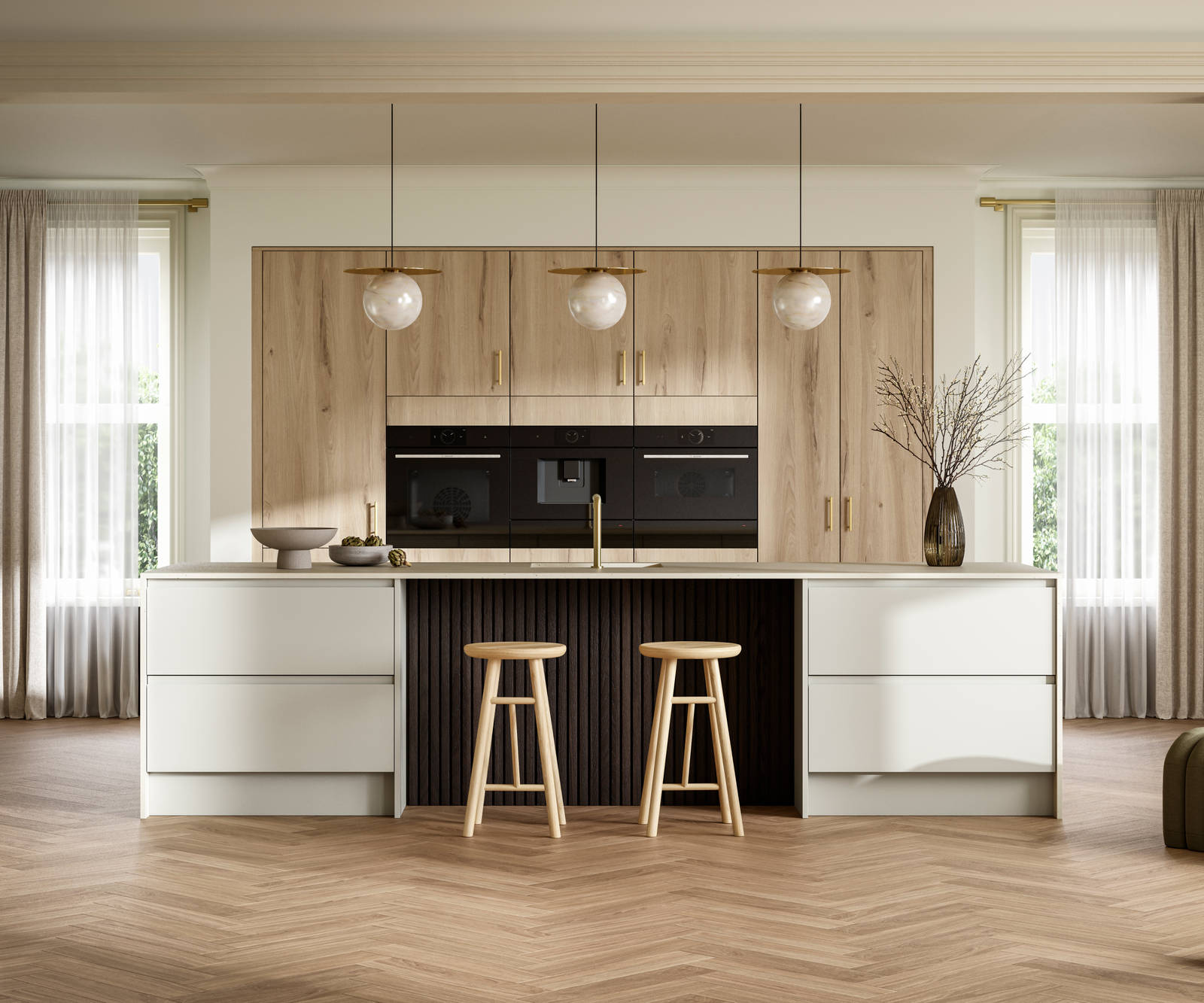 A bright and airy open-plan kitchen that incorporates Duxbury drawers and cabinets in Limestone, and Portobello units in Bosco.