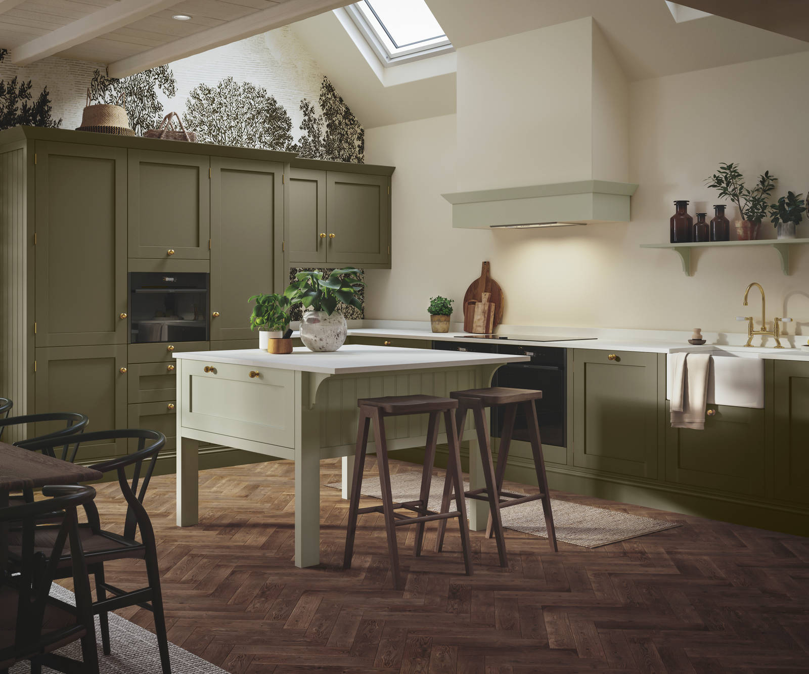 Wardley Arboretum cabinets paired with brass handles and kitchen tap makes an an elegant, contemporary Shaker kitchen, with a lighter shade kitchen island.