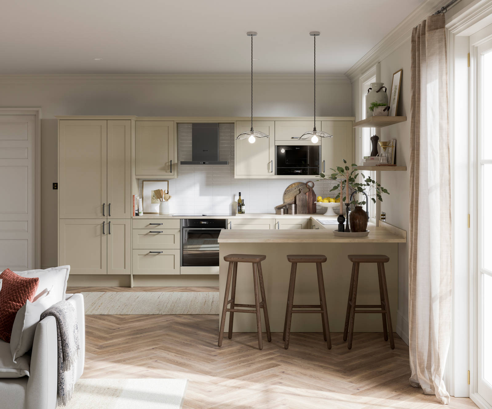 Full open plan room view of Tatton Sage from Magnet, a contemporary narrow frame shaker door.