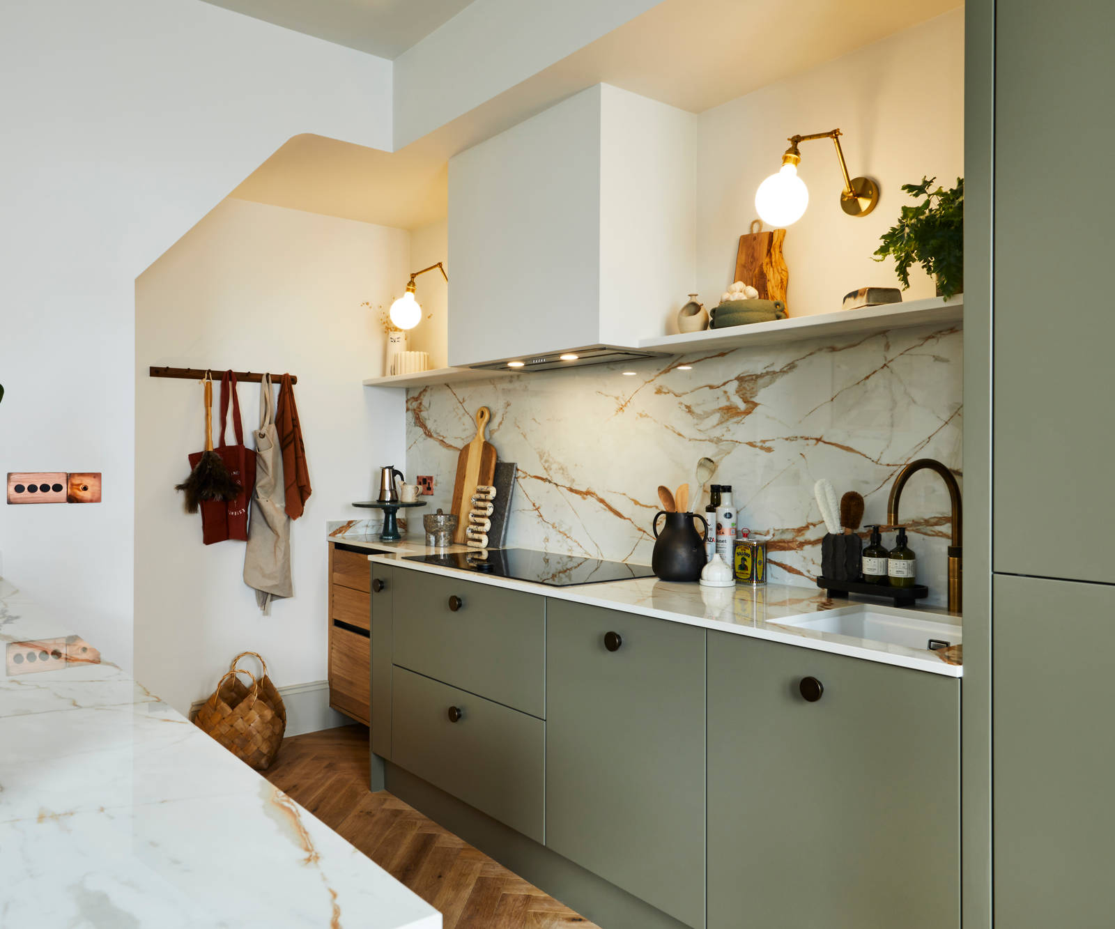Modern slab Soho cabinets in the Balmoral colour, a soft beige green tone