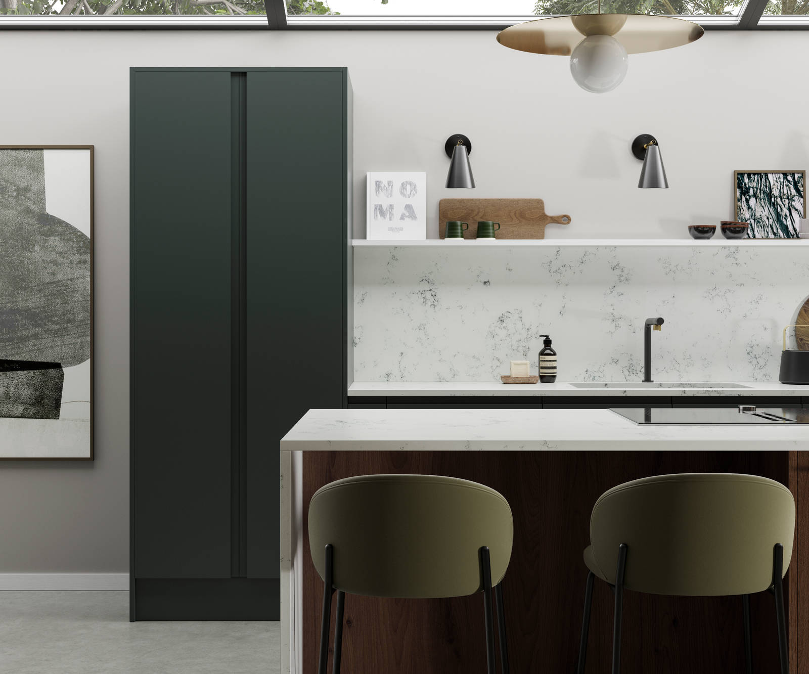 Full-height Duxbury doors in Arboretum feature as part of a modern open plan kitchen.