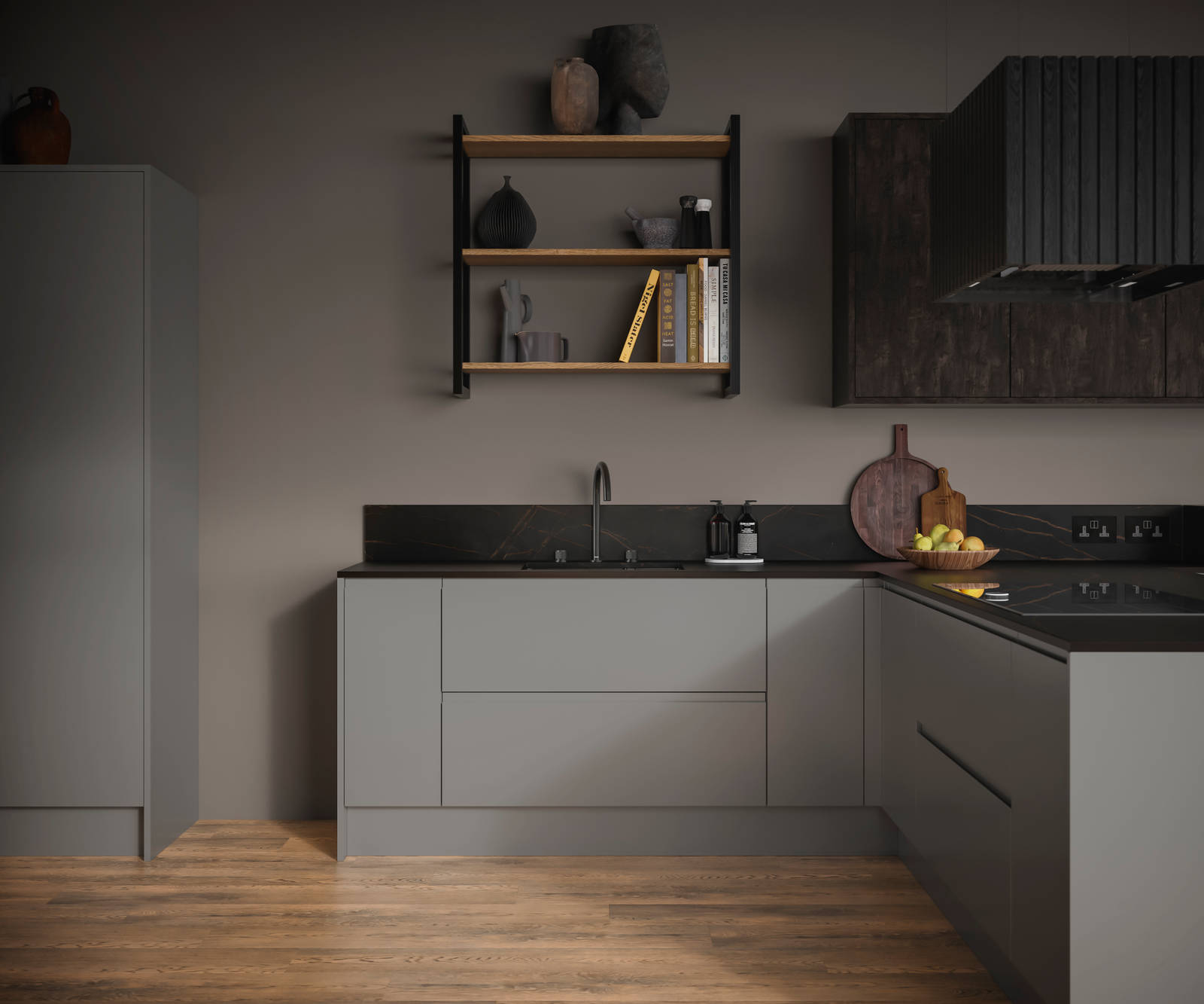 Modern Duxbury kitchen cabinets in Fawn, with seamless J-pull handles that give a sleek uniform look.