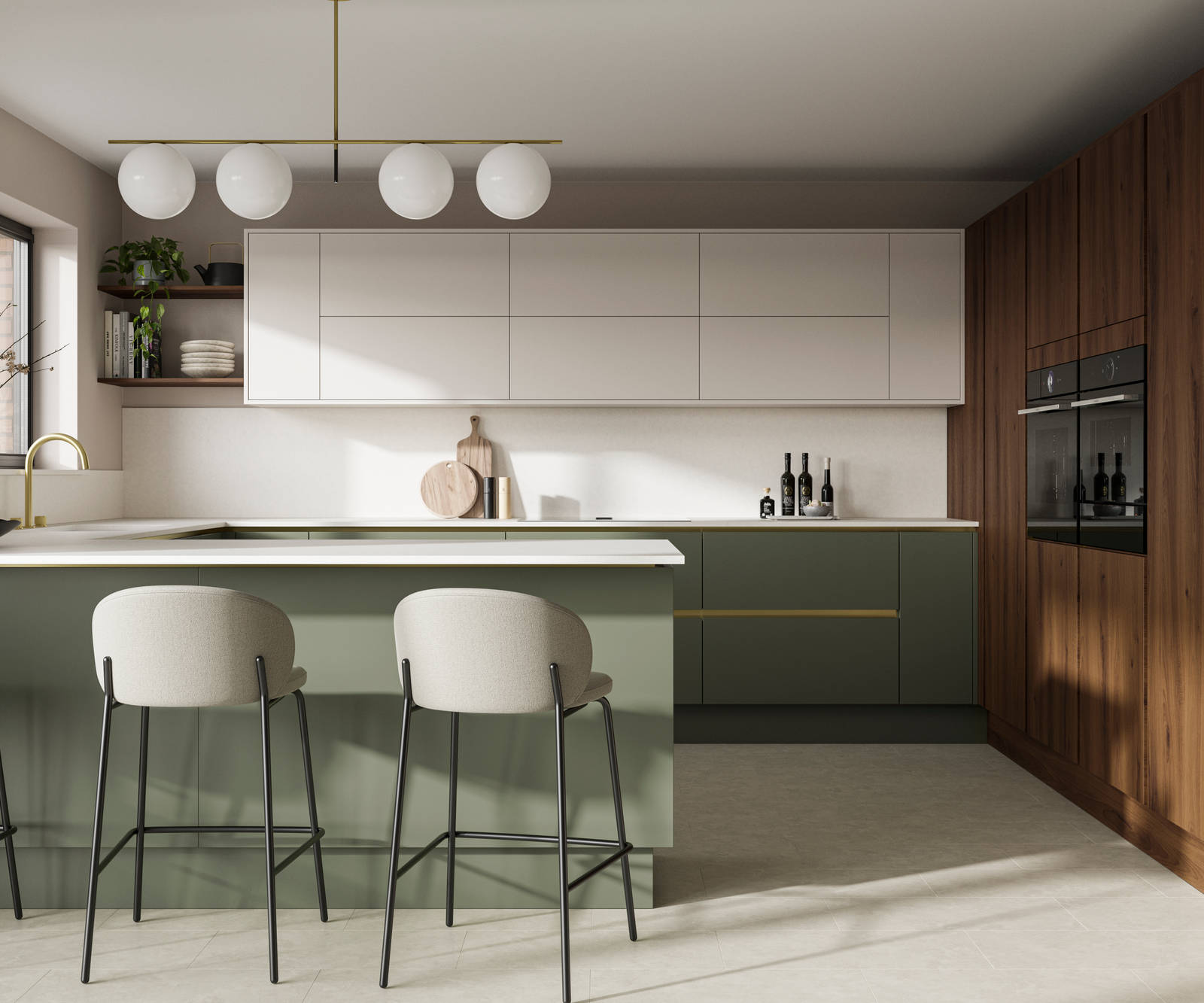 Integra Portobello tall cabinetry with integrated ovens, paired with painted handleless slab front Integra Soho cabinets in Shades Thyme and wall cabinets in shade Limestone, from Magnet.