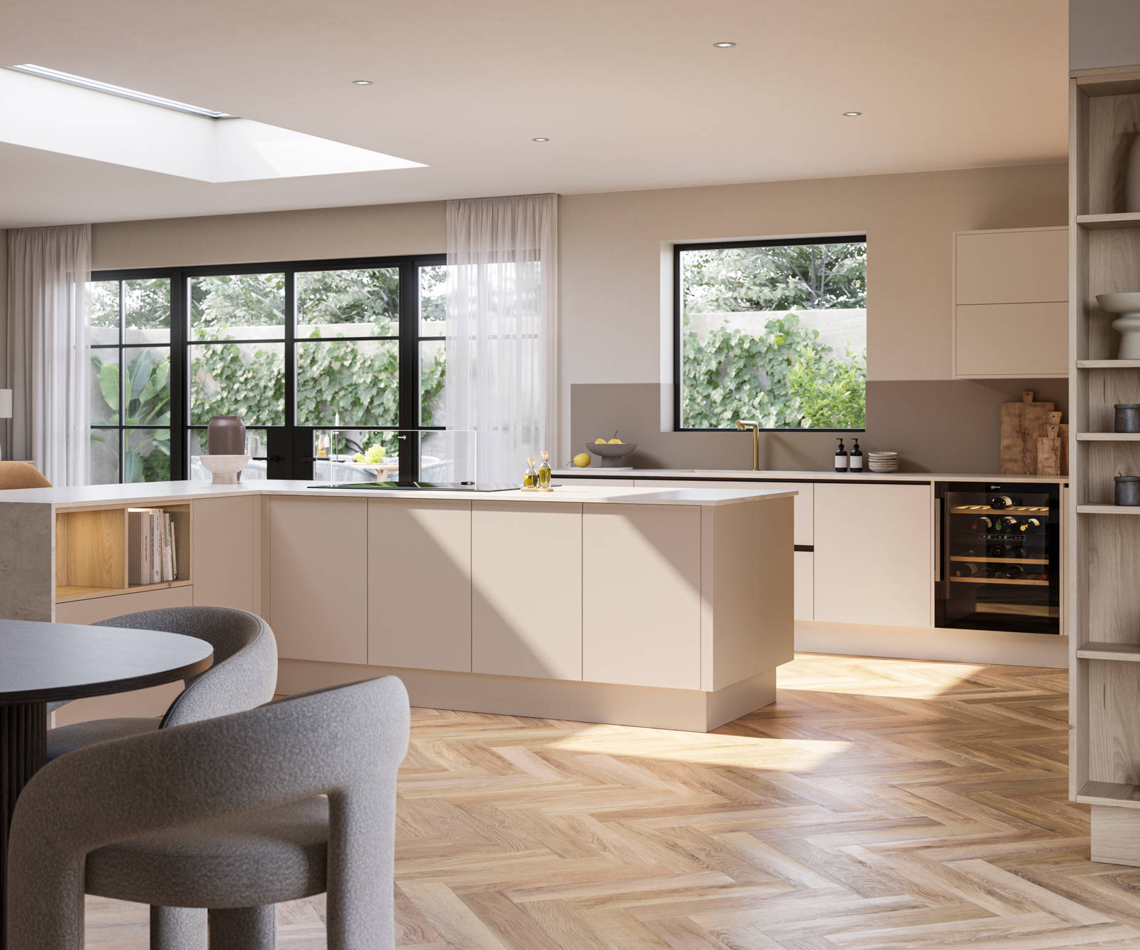 Modern Portobello Bosco organic woodgrain texture cabinetry and handleless Integra Soho Shell kitchen island from Magnet.