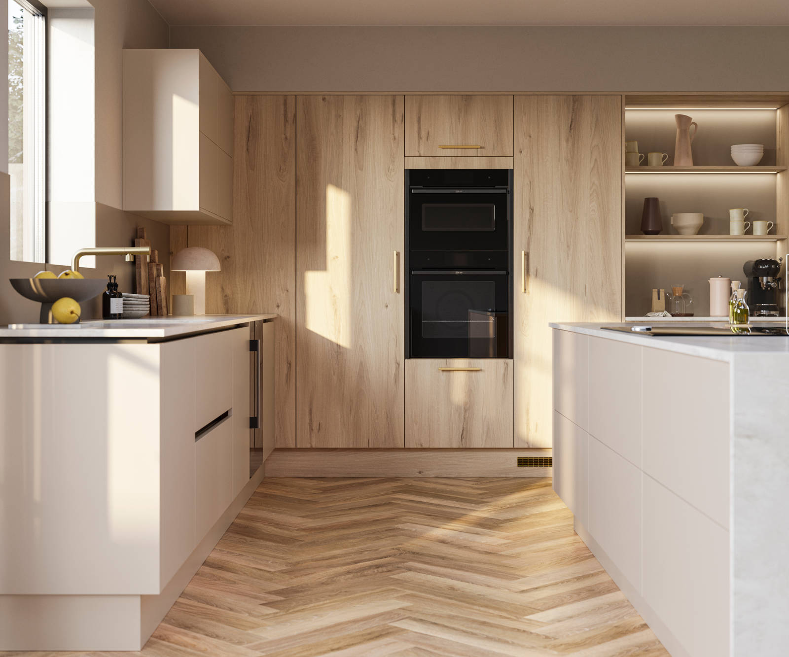 Modern Portobello Bosco organic woodgrain texture cabinetry and handleless Integra Soho Shell from Magnet.