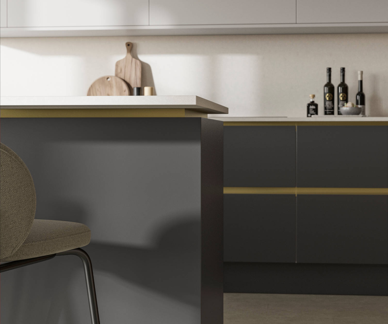 Modern and minimalist Integra Soho Charcoal kitchen, a frameless slab door with integrated handles in a smooth paint finish.