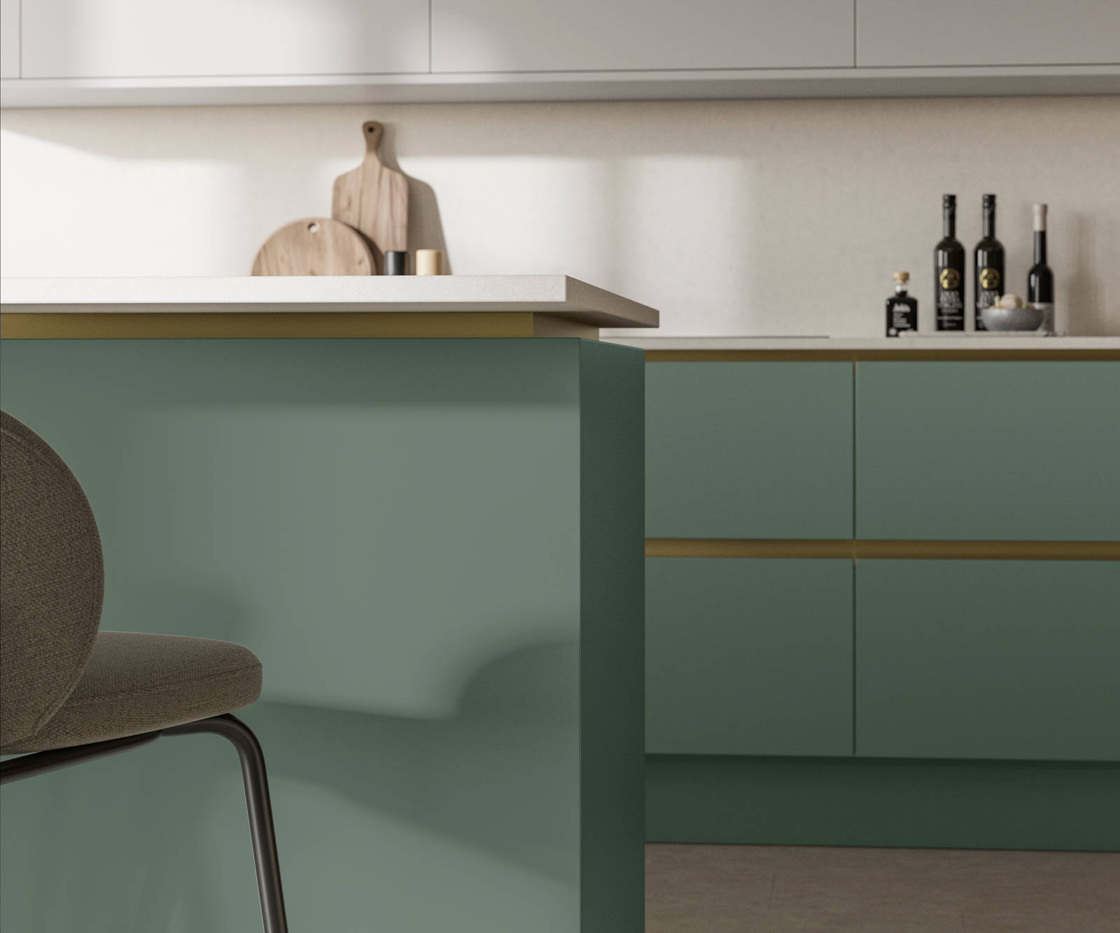 Modern and minimalist Integra Soho Eucalyptus green kitchen, a frameless slab door with integrated handles in a smooth paint finish.