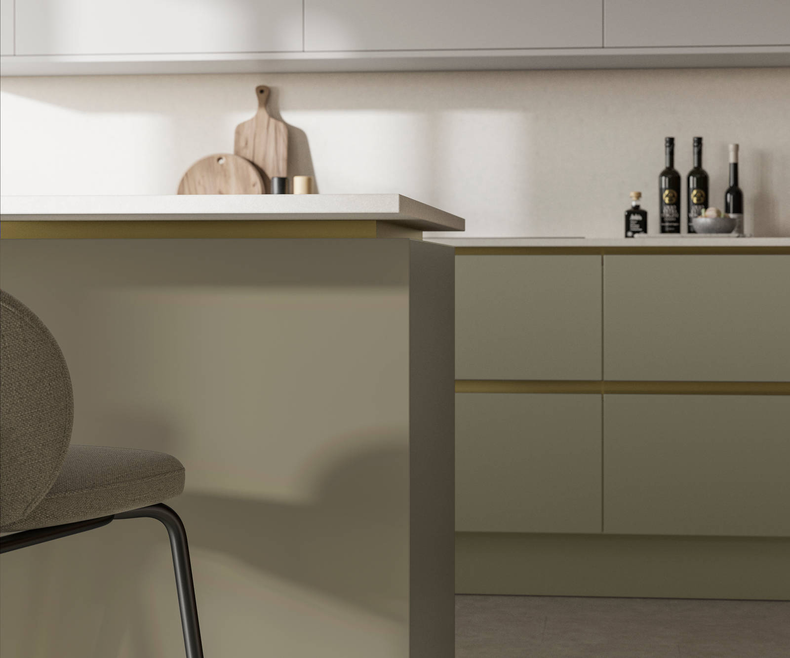 Modern and minimalist Integra Soho French Clay kitchen, a frameless slab door with integrated handles in a smooth paint finish.