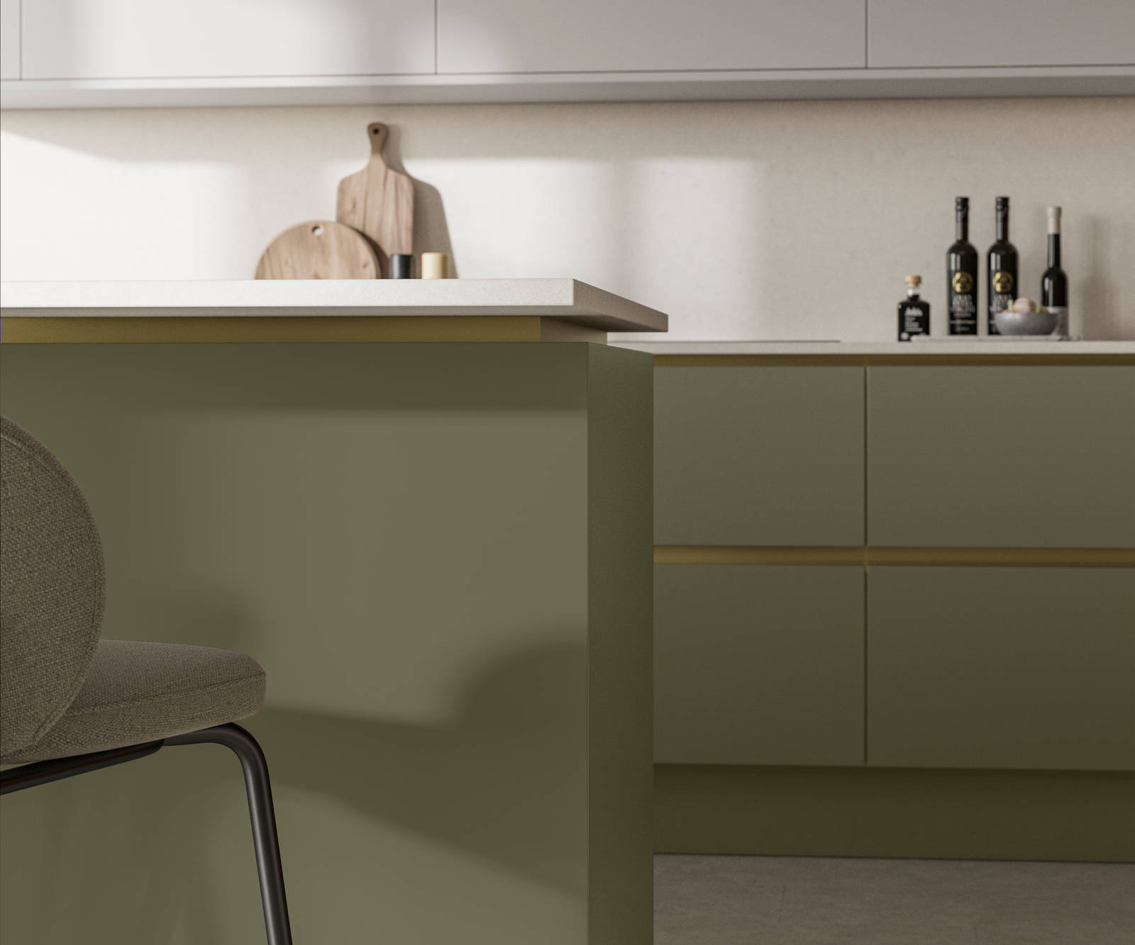 Modern and minimalist Integra Soho Misty Moors kitchen, a frameless slab door with integrated handles in a smooth paint finish.
