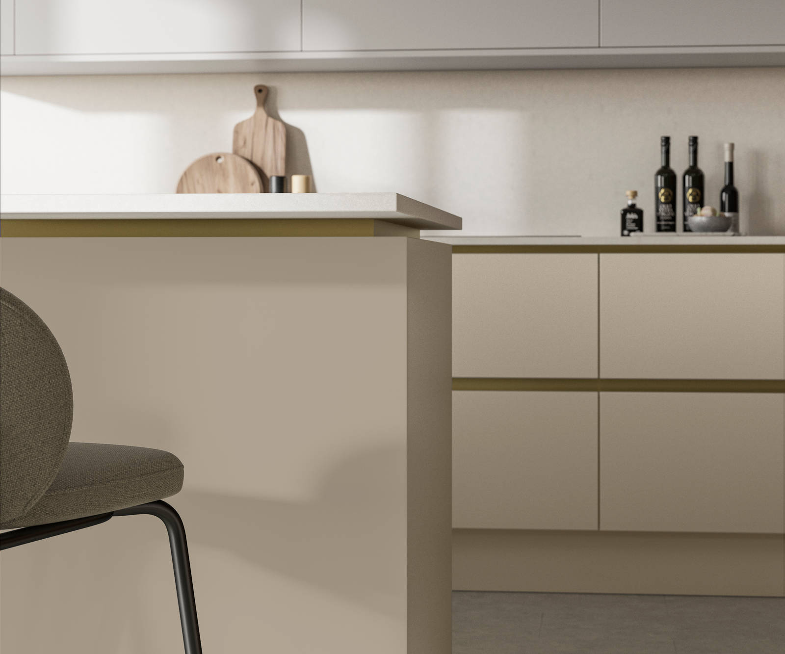 Modern and minimalist Integra Soho Pebble path kitchen, a frameless slab door with integrated handles in a smooth paint finish.