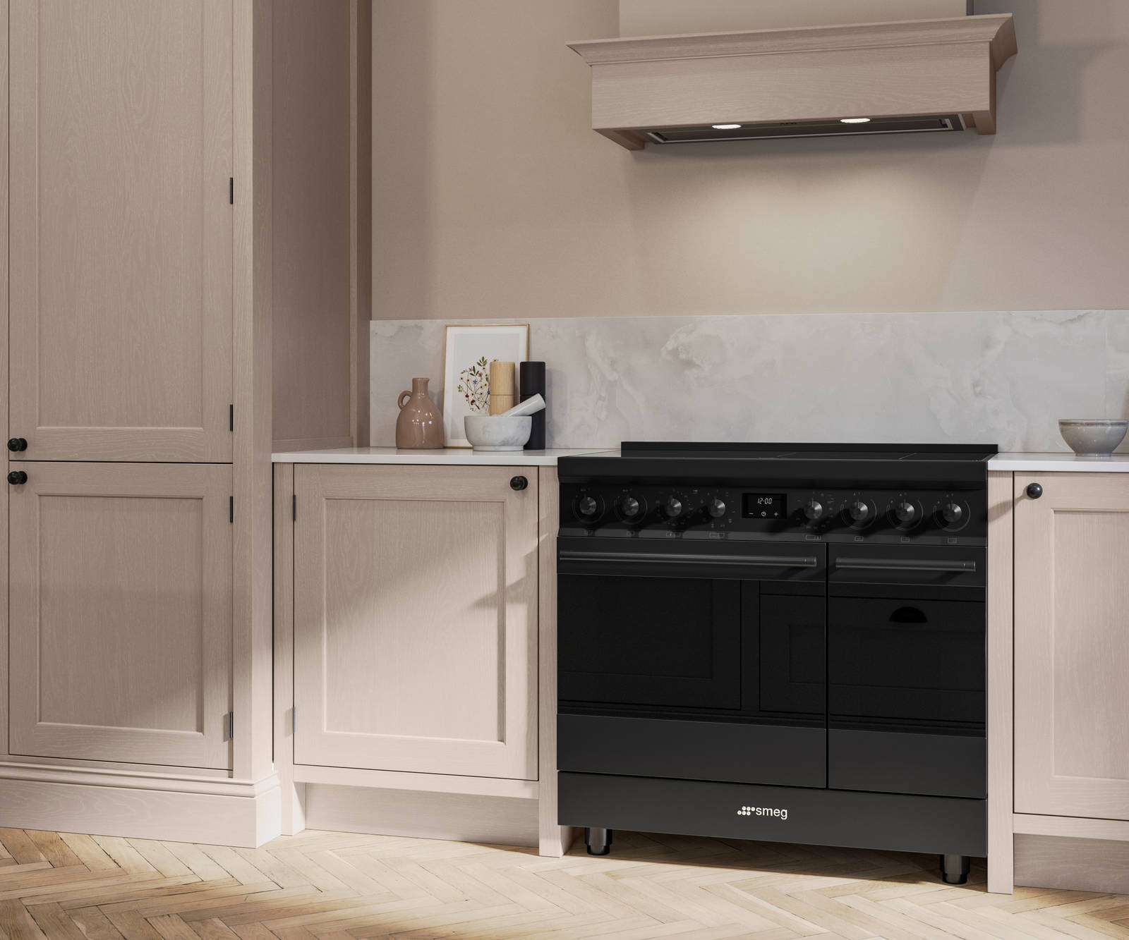 Traditional Shaker-style kitchen range Ludlow with tactile woodgrain in neutral shade Shell .