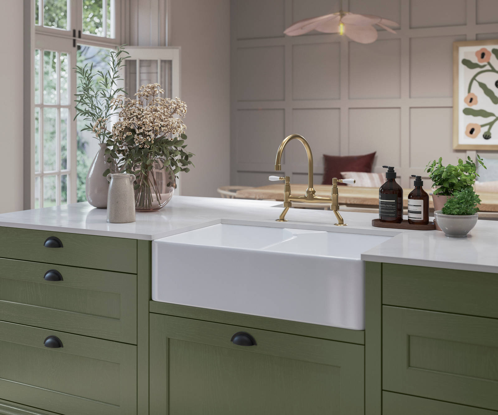 Traditional Shaker-style kitchen range Ludlow with tactile woodgrain, green Thyme kitchen island.