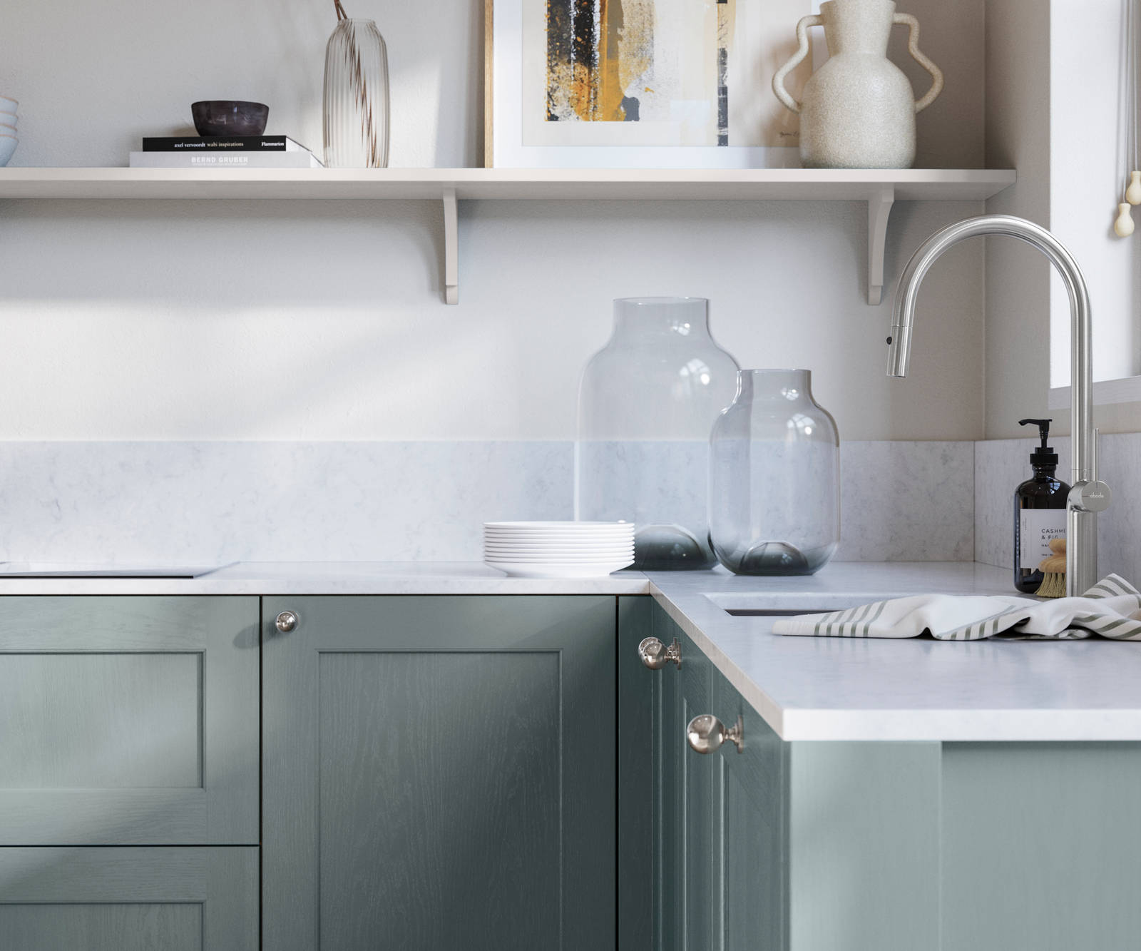 Ludlow, a traditional Shaker-style premium feel kitchen range with a visible woodgrain on its panelled doors here shown in the light blue shade Duck Egg styled with steel knobs, steel tap, a white marbled worktop with matching splashback.
