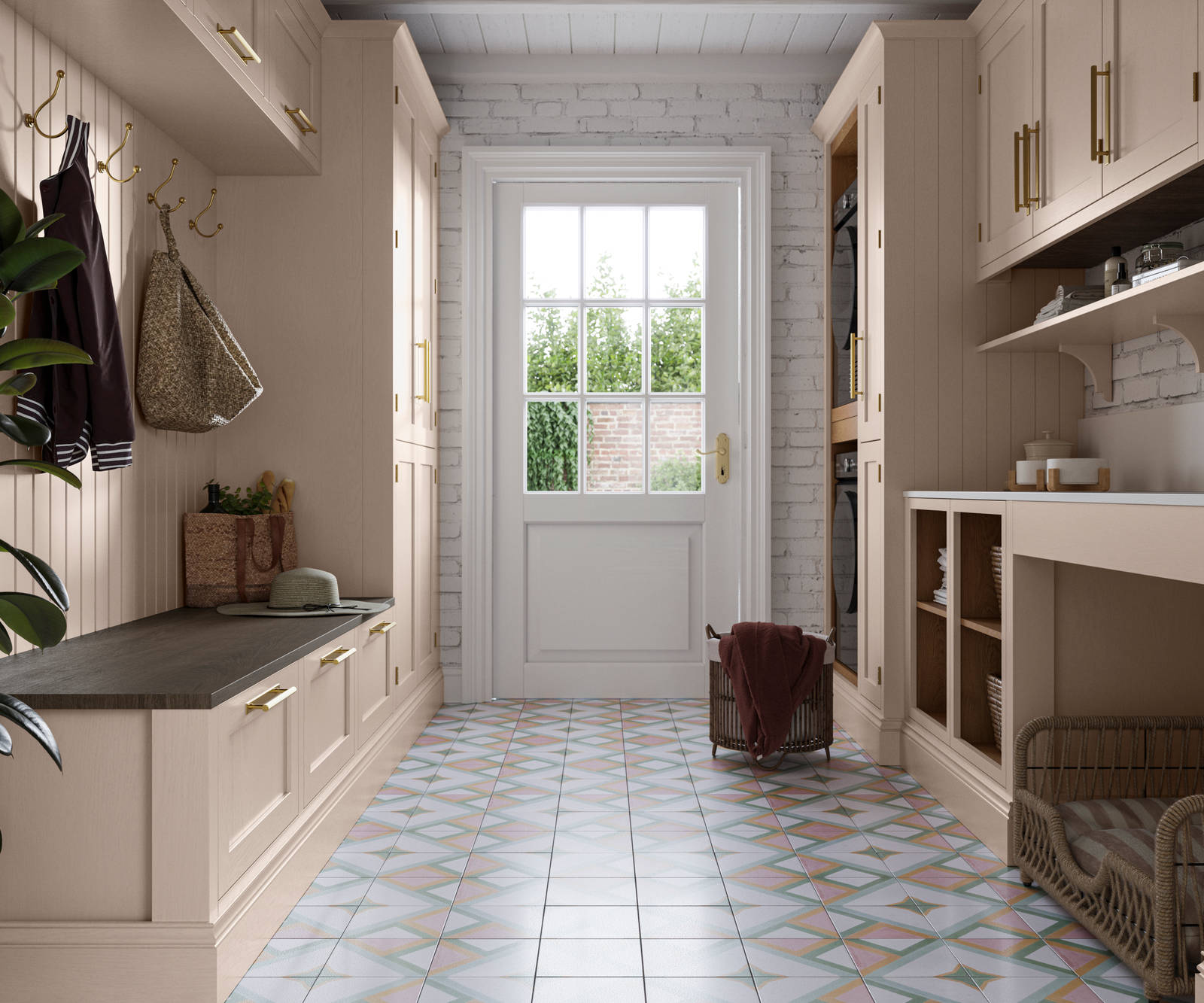 Combined Utility room and entrance hallway, with Wardley shell cabinetry on each side, paired with brass handles and organic materials in laundry baskets, dog bed and a large potted plant.