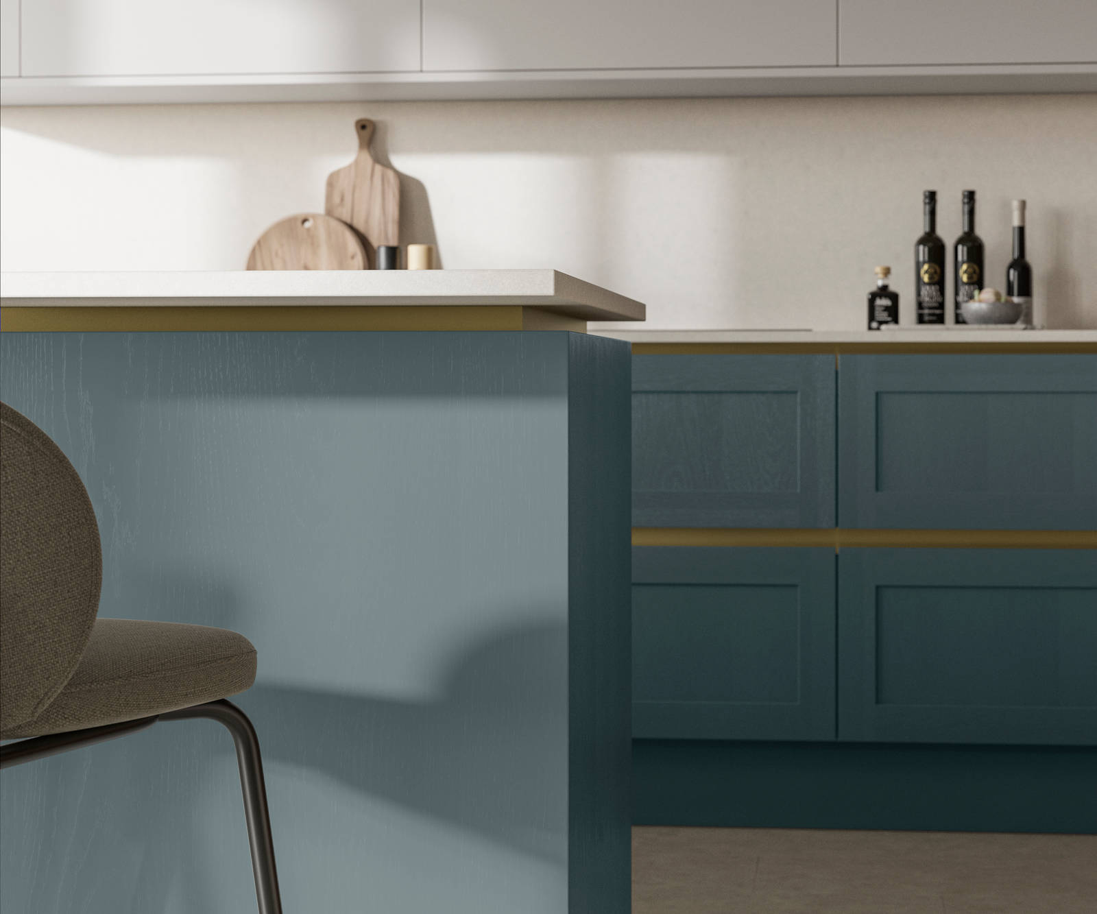Handleless Shaker kitchen Integra Wardley Coastland is traditional and contemporary with its narrow frame door with integrated handles and a painted timber finish.