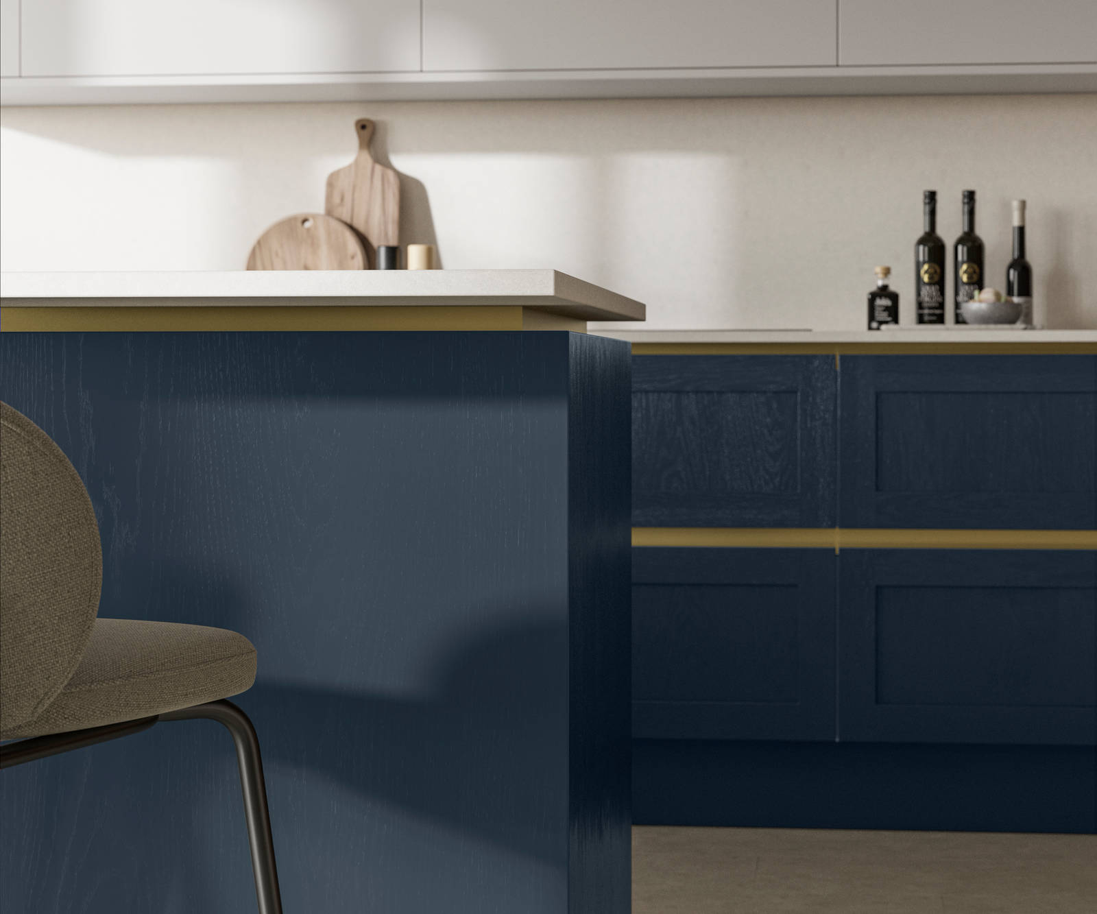 Handleless Shaker kitchen Integra Wardley Midnight is traditional and contemporary with its narrow frame door with integrated handles and a painted timber finish.