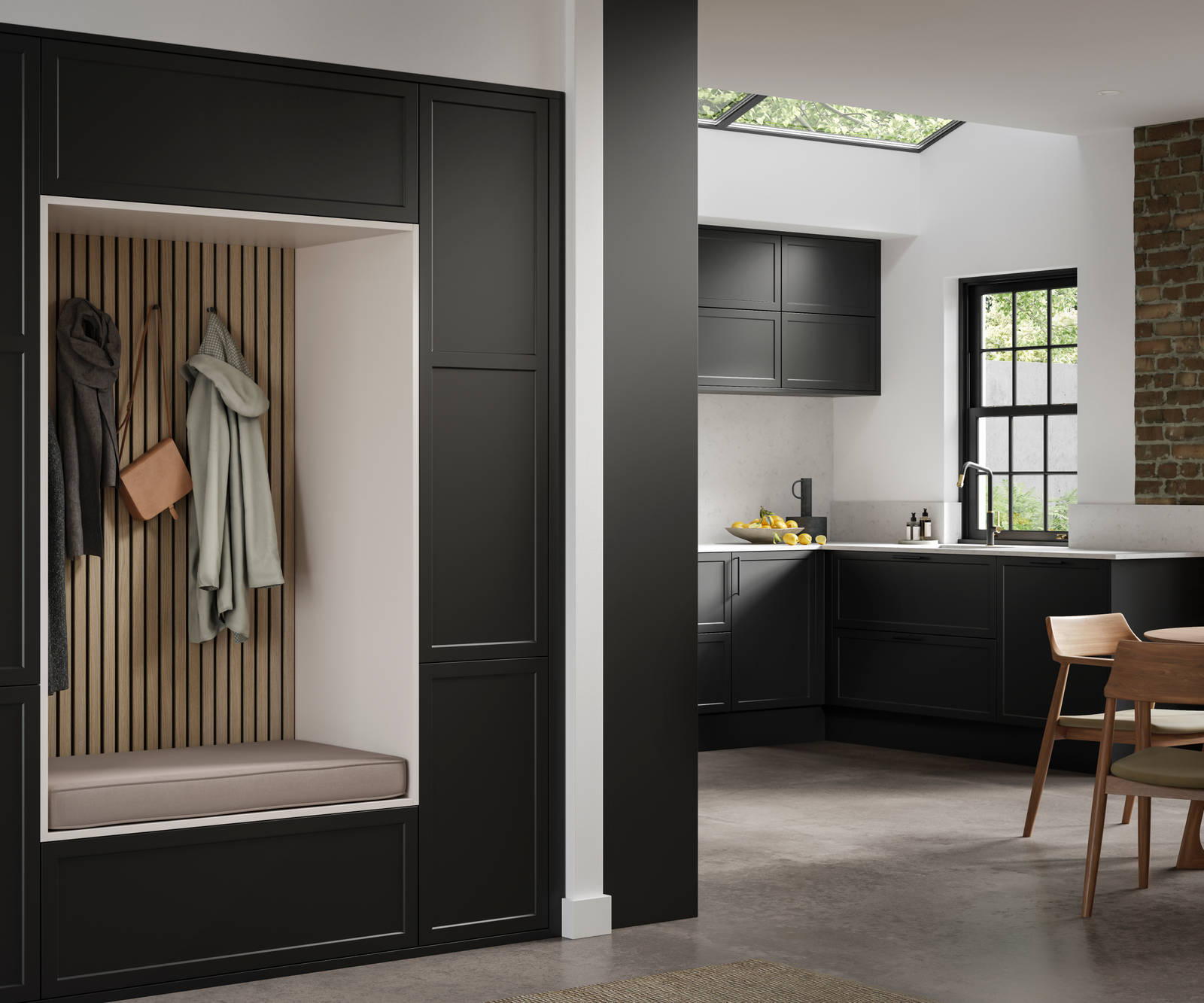 View from living room of closet section with bench, akupanel and coat hooks in modern shaker Brunswick Sumi Black cabinetry to match the kitchen.