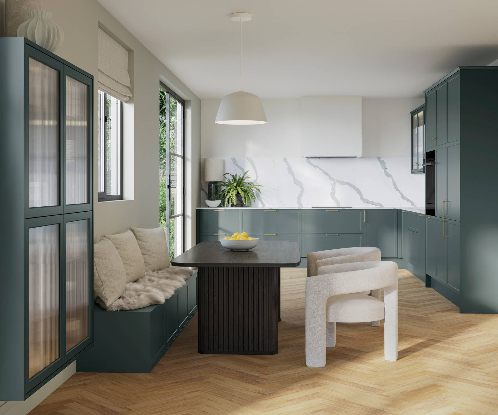 Modern muted green shaker Brunswick Spruce open plan kitchen with fluted glass vitrine cabinets matching green cabinet bench by the dining table, white and green splashback Quartz bianco calacatta.