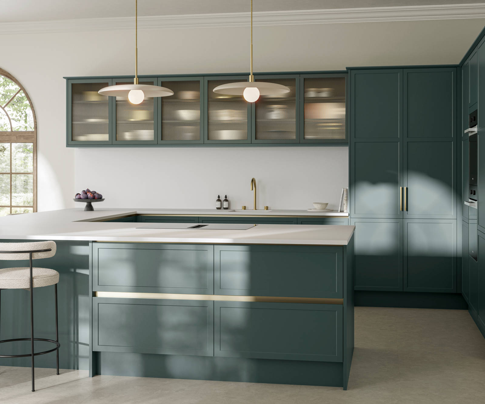 Handleless frame door Integra Brunswick Spruce G-shaped kitchen with Minerva white worktop and splashback, open plan Georgian extension, breakfast bar, fluted glass vitrine wall cabinets.