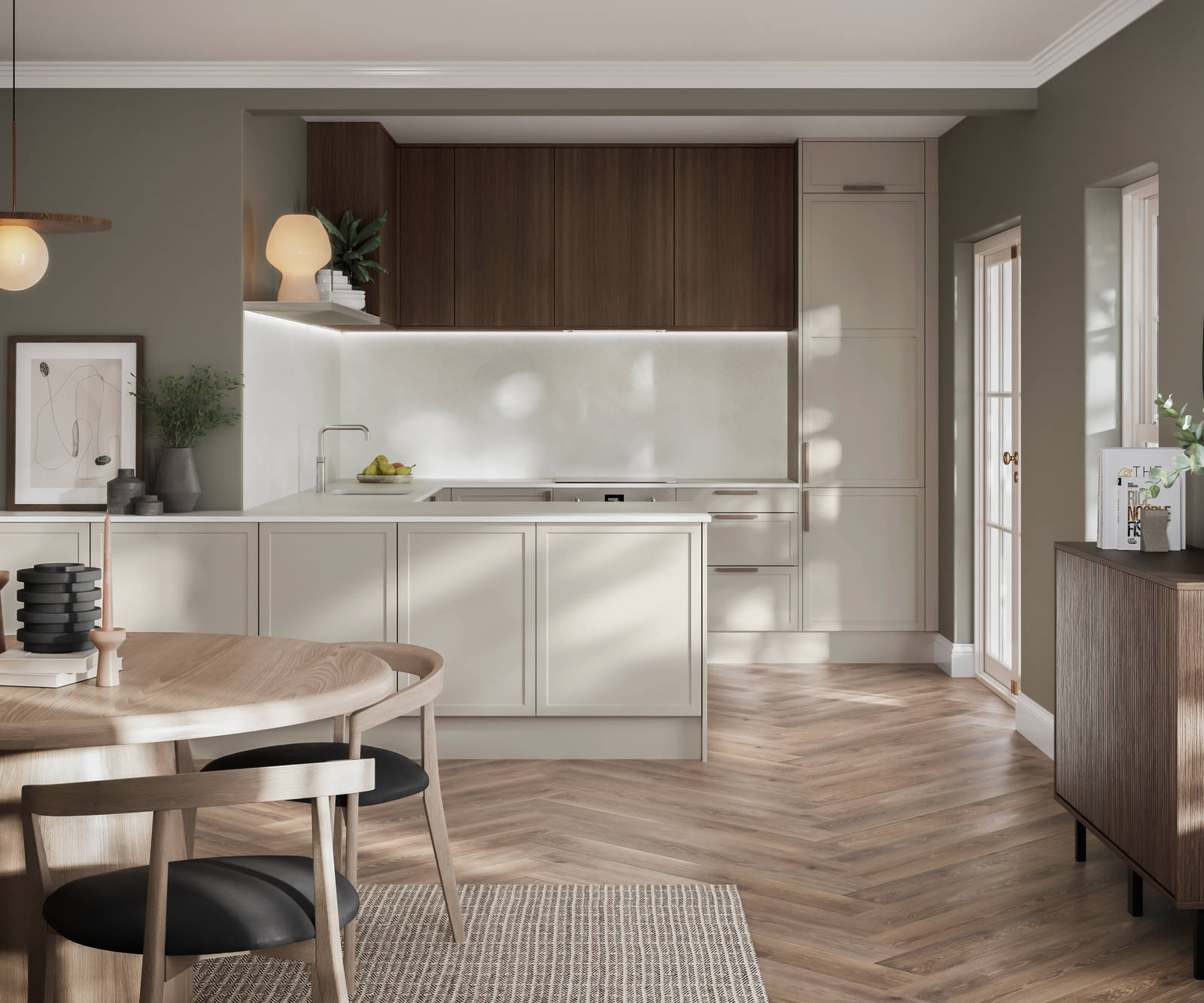Modern Shaker kitchen Brunswick in light shade Limestone with Nordic Oak wall cabinets,combination of handleless fronts and oak handles, worktop and matching splashback in Silestone quartz Nolita, open plan living room layout with light wood dining table and sideboard.