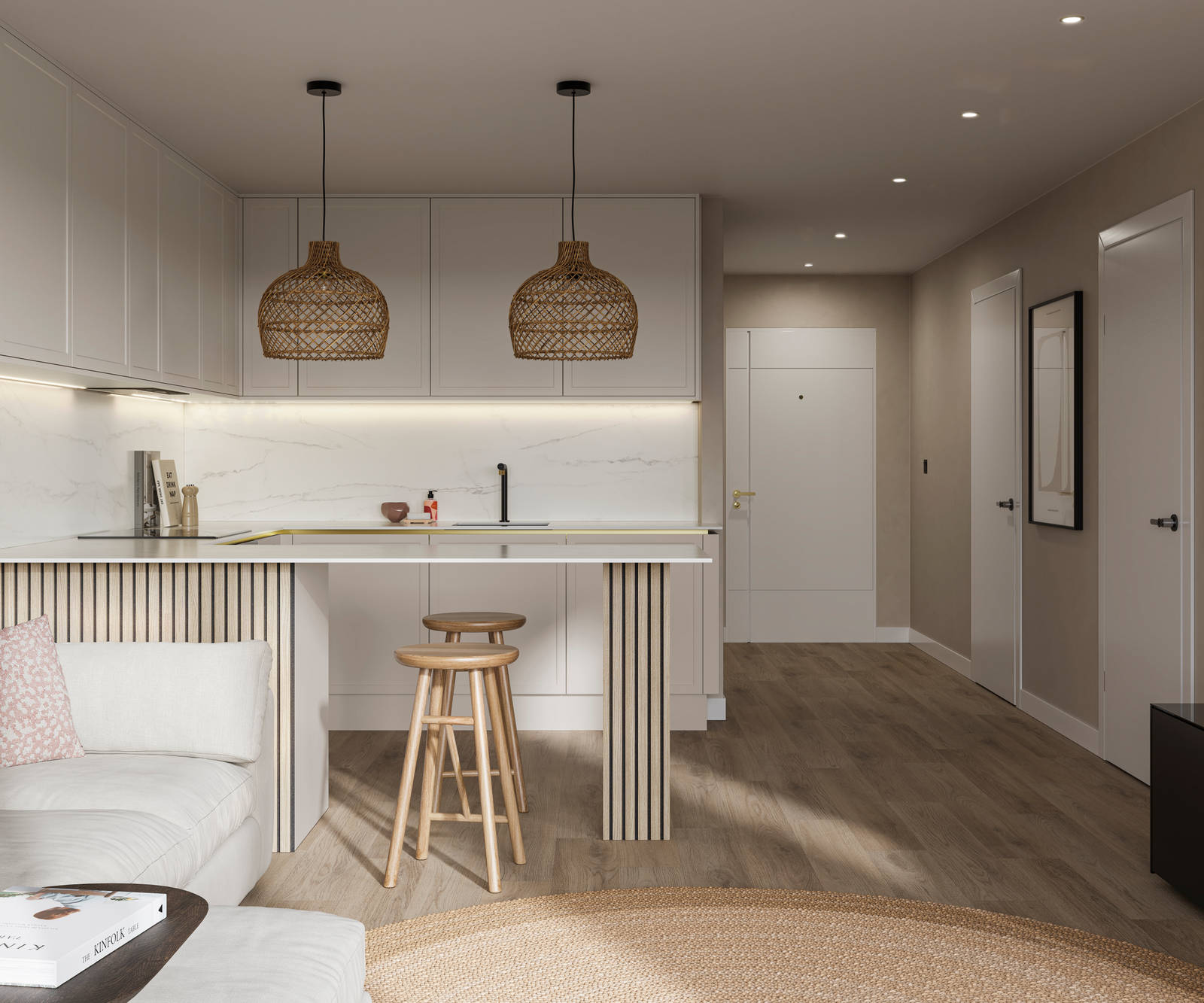 View from living room of handleless Wabi sabi inspired Integra Brunswick Limestone kitchen combined with living area, wood barstools for breakfast bar, natural materials, Euros oak flooring.