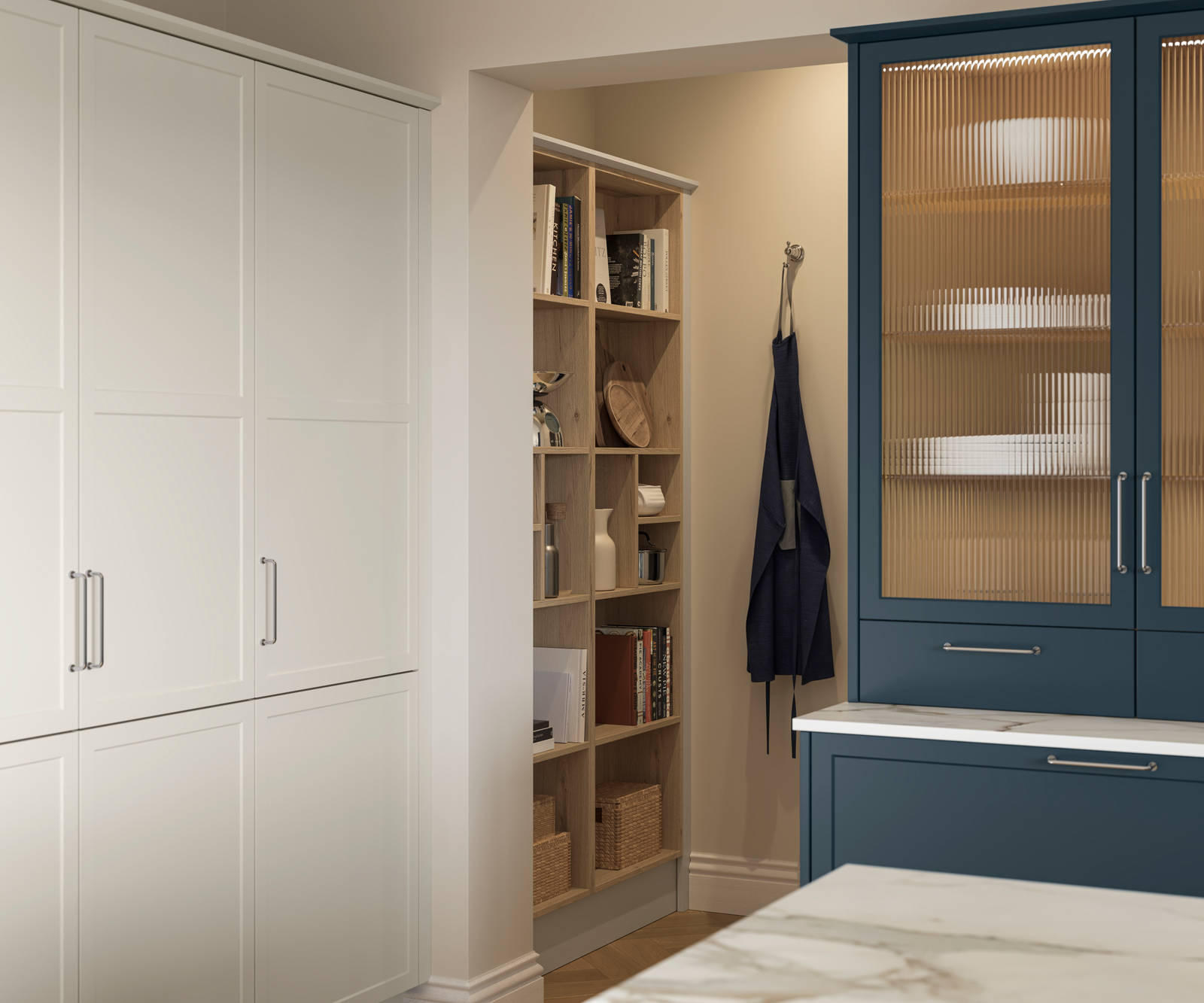 Corner of modern Shaker kitchen Brunswick Voyage Blue and Limestone with open light wood shelves, vitrine cabinet with fluted glass doors.