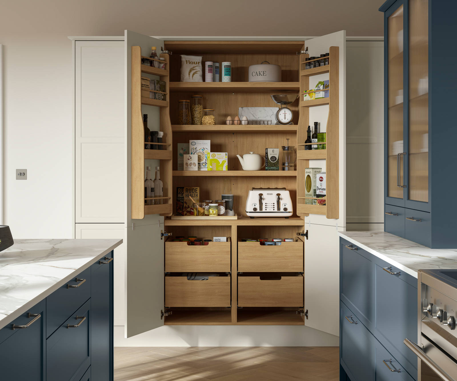 Opened larder with oak shelves and drawers in the modern Shaker kitchen Brunswick Voyage Blue and Limestone