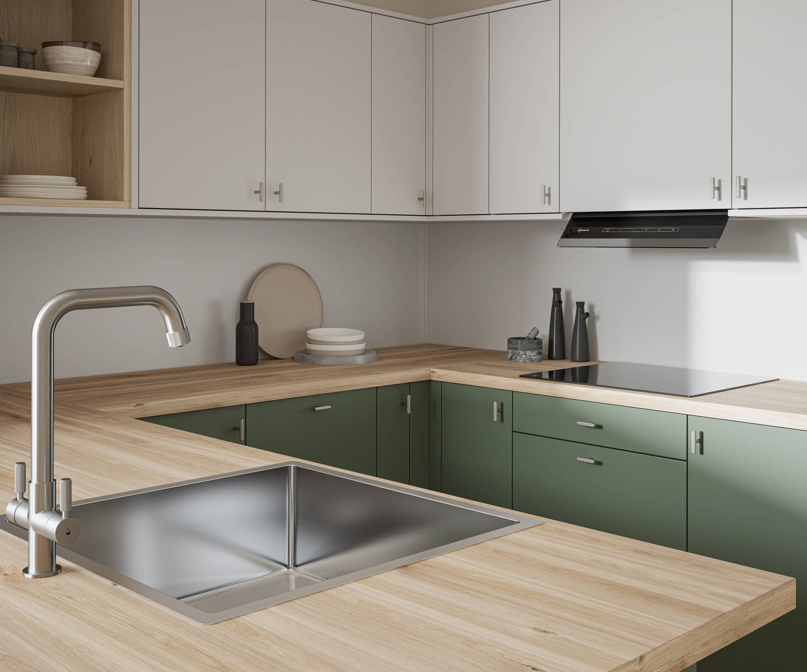 Oak laminate worktop in contemporary scandi influenced Ascoli Woodland and light grey kitchen, with a steel sink and tap and knurled brushed nickel t-bar knobs.