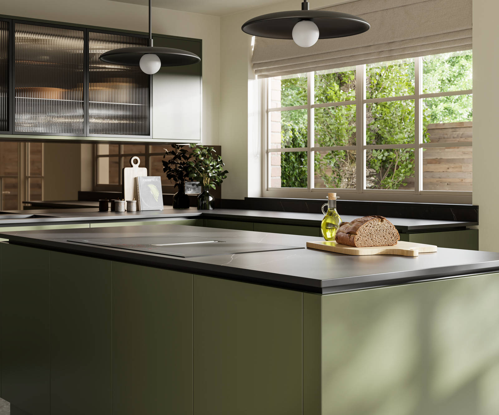 View over kitchen island in Integra Soho Tailored Green cabinetry, with Dekton worktop, fluted glass vitrine wall cabinets and large windows.
