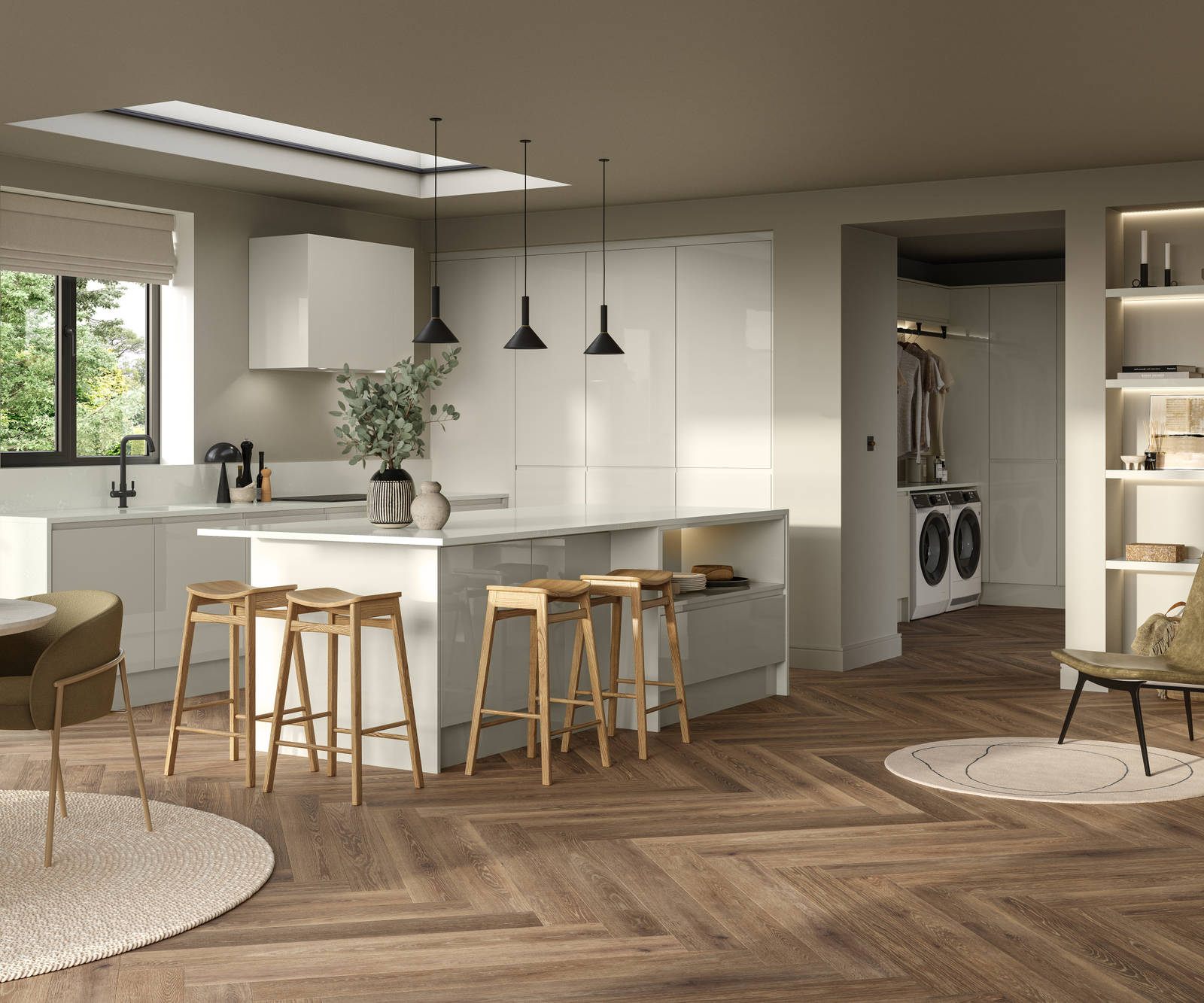 Full room view of open plan contemporary Luna Gloss kitchen with a kitchen island, breakfast bar with wood stools, tall cabinetry, matching open shelves in living room with natural material decorations and Amtico smouldering oak parquet flooring.