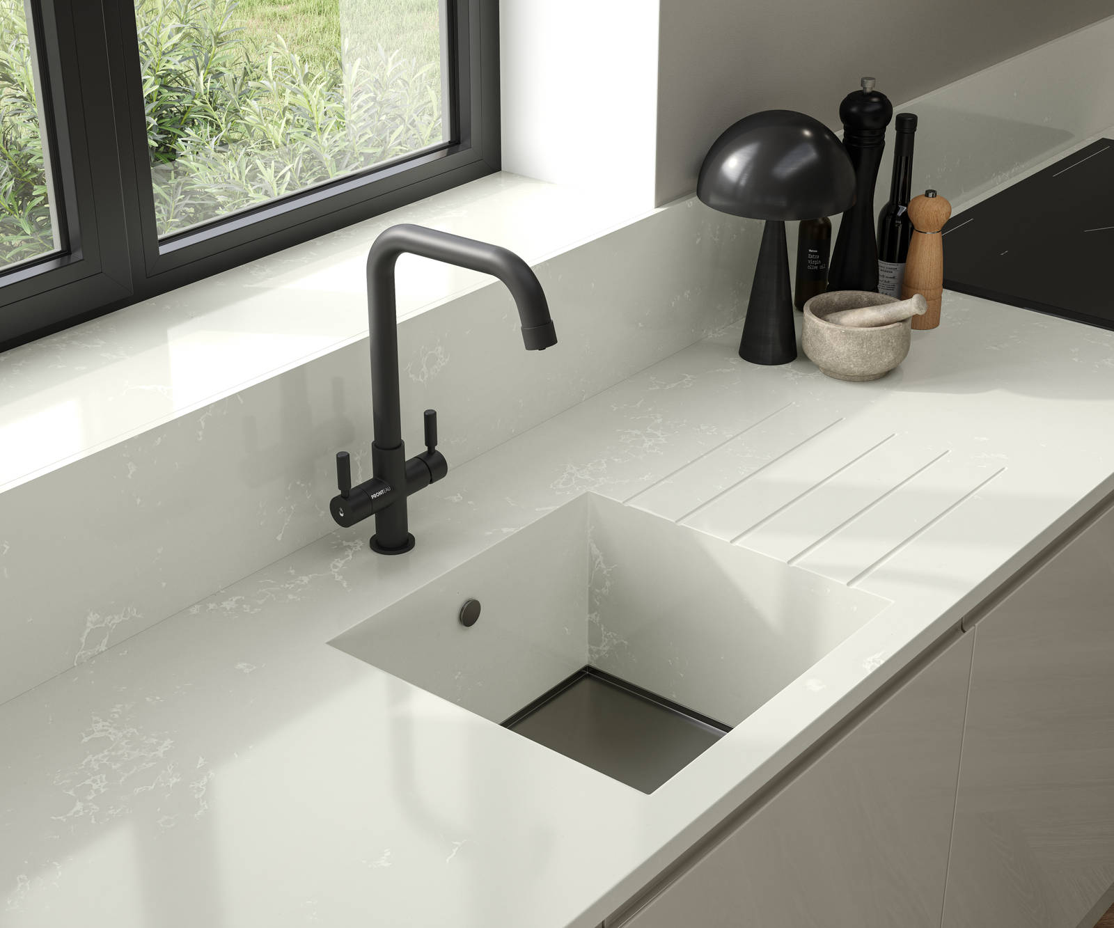 Close-up of black tap in large integrated Minerva kitchen sink bowl in Minerva worktop with matching splashback, black metal frame windows and black accessories in contemporary Luna Gloss Limestone kitchen