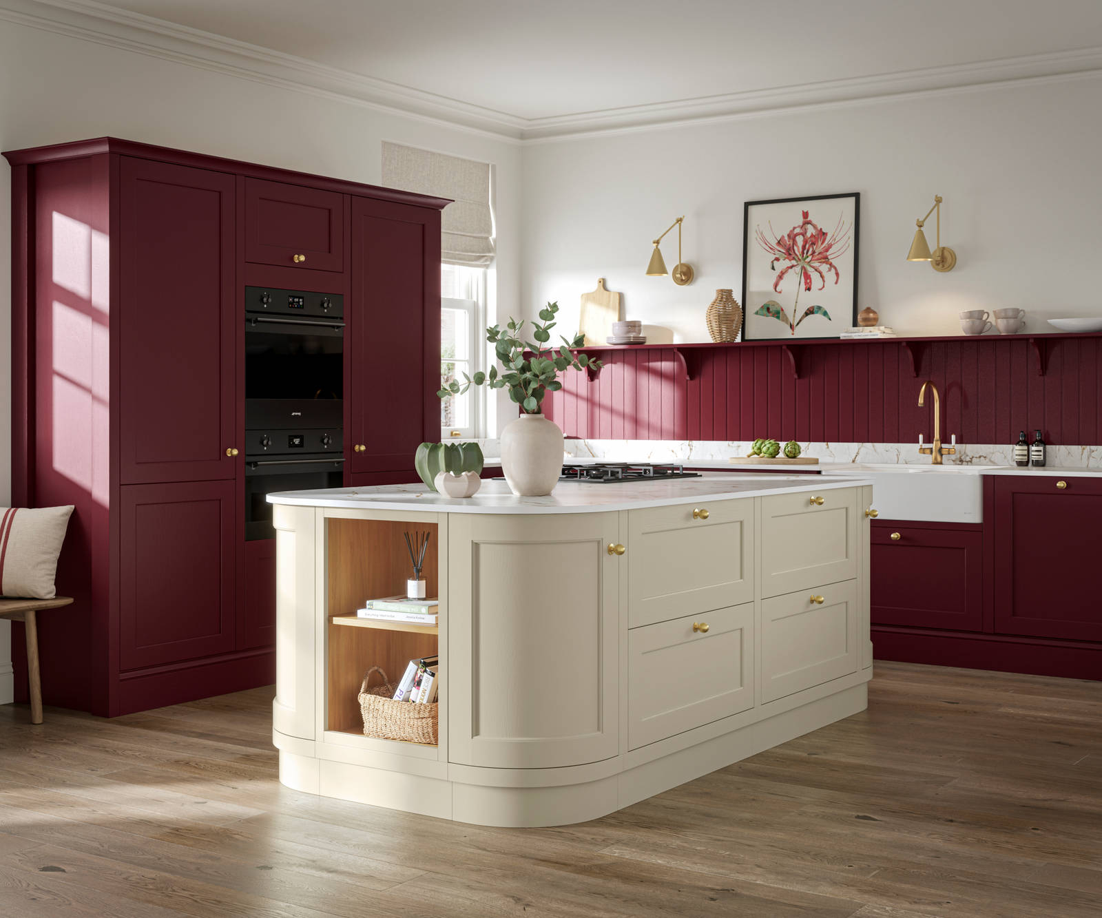 Traditional Shaker-style tactile woodgrain Ludlow kitchen in bold shade Morello with matching wall panel and shelves, brass accents such as knobs and brass tap, a white ceramic sink, Ludlow parchment kitchen island with open end shelves and dusty oak vinyl flooring.