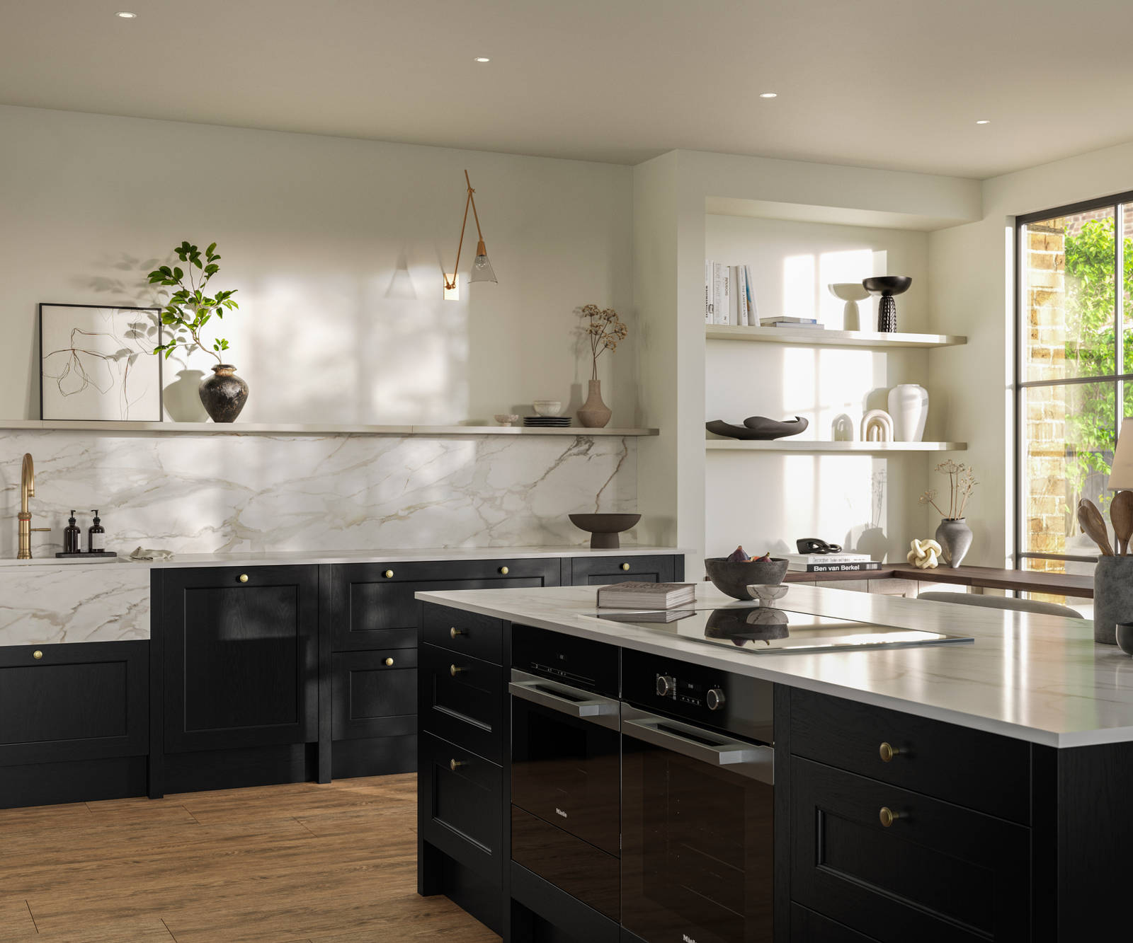 Traditional Shaker-style tactile woodgrain Ludlow Sumi Black kitchen with  kitchen island, light and airy with brass accessories, marbled white and grey worktop, Amtico oak stripwood vinyl flooring.