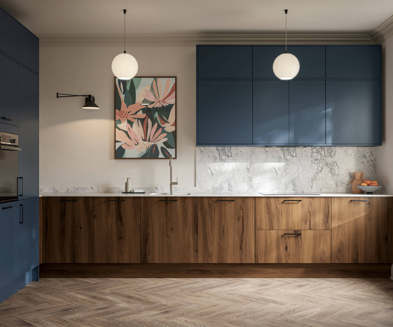 Contemporary Ascoli Mineral Blue tall cabinets and wall cabinets over Portobello Umbra kitchen cabinets with marbled compact laminate worktop, black handles and Amtico smouldered oak herringbone flooring.